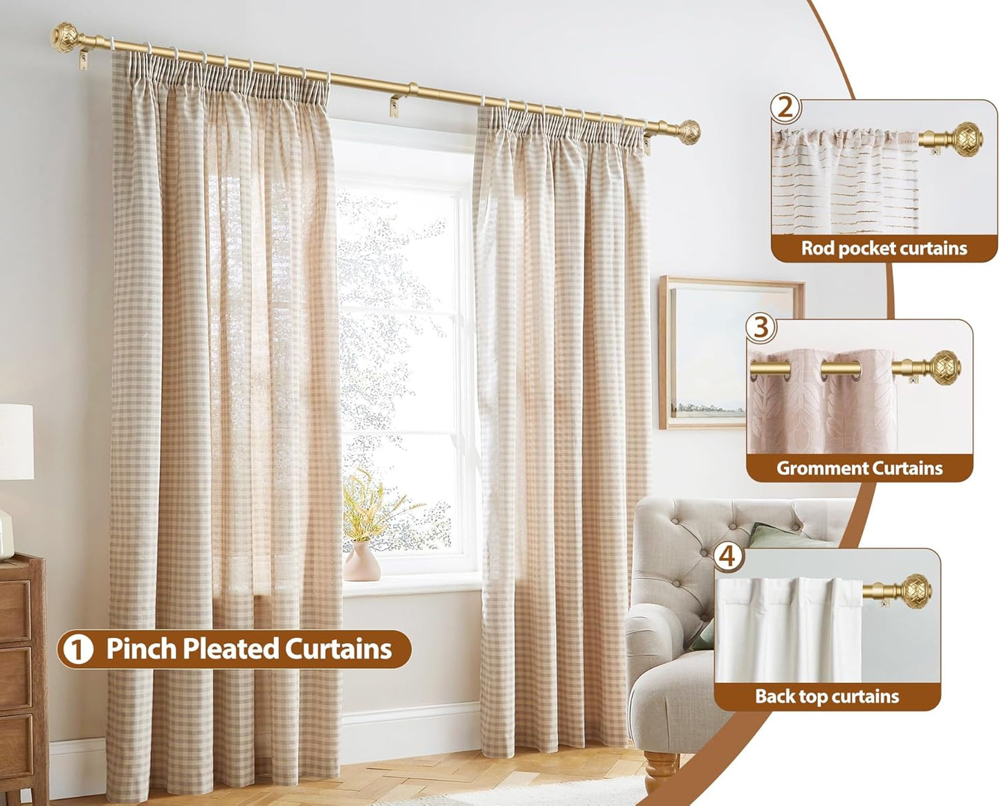 TONIAL Gold Curtain Rod 32 to 86 Inches, 7/8 Adjustable Curtain Rods for Windows 20 to 82 Inches, Splicing Drapery Rods Heavy duty with Netted Texture Finials