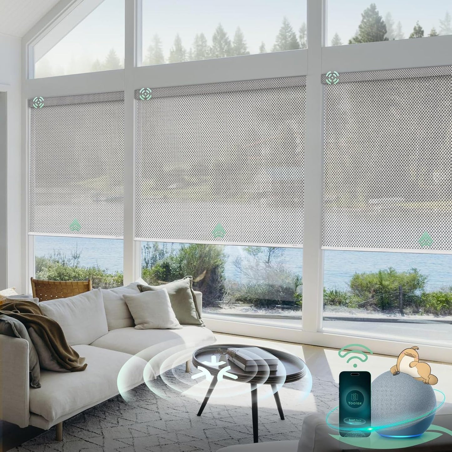 Yoolax Smart Blinds, Motorized Matter Solar Shades Flame Resistat Automatic Blinds for Windows Motorized Shades Compatible with Alexa, Google Home, Homekit (Solar-3% Openness Greyish White)