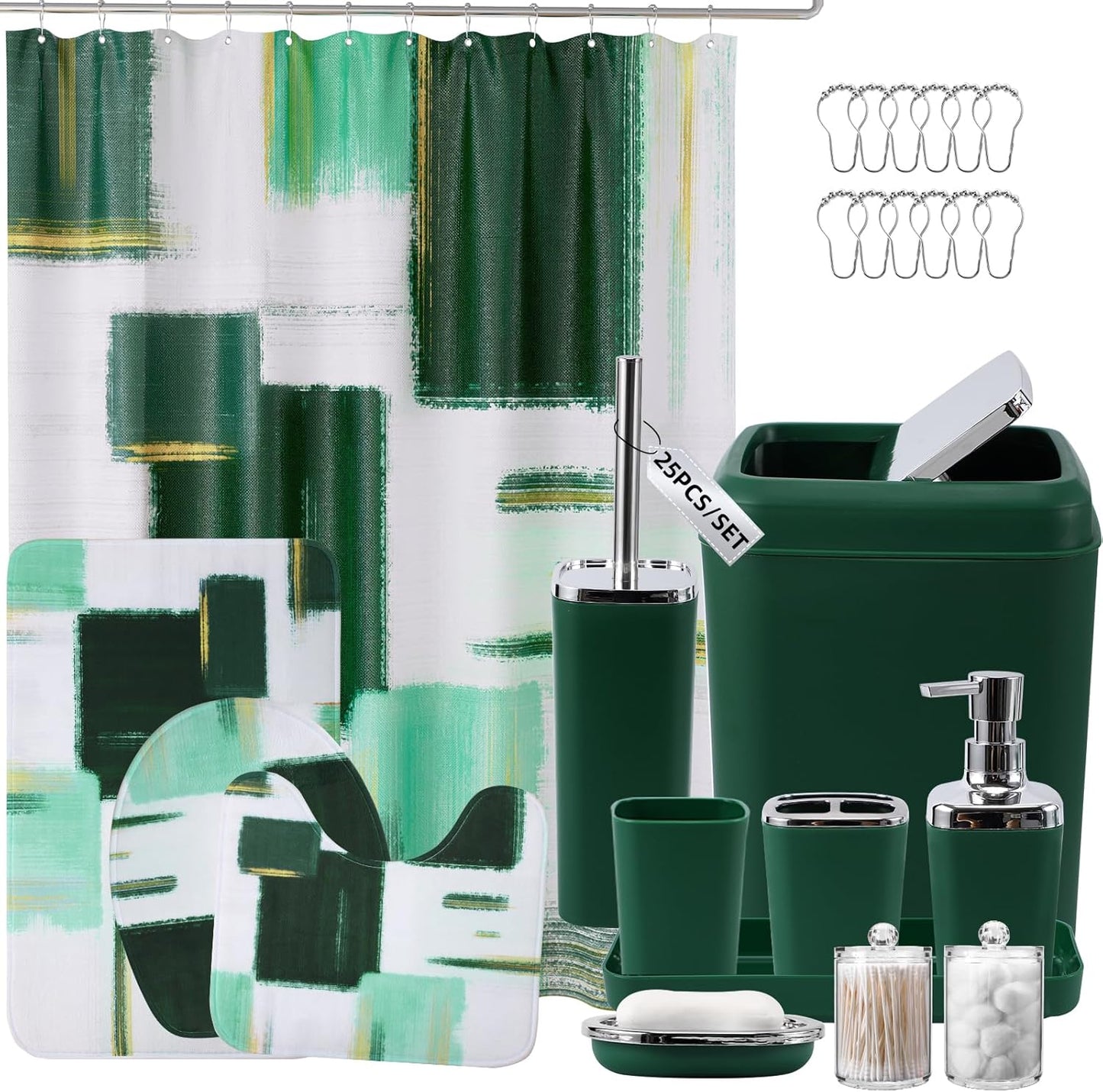Bathroom Set - Dark Green Bathroom Accessories Set, Bathroom Sets with Shower Curtain and Rugs, Green Shower Curtain Set with Bathroom Trash Can, Soap Dispenser, Soap Dish for Home Decor