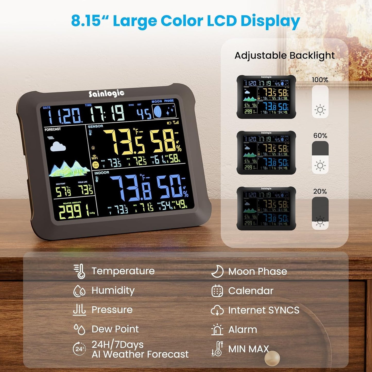 Sainlogic WiFi Smart Weather Station SA1 with 24H/ 7Days Accurate Weather Forecast by Weatherseed® AI, Email & App Notification Alert,Data Storage Export（Only 2.4G）