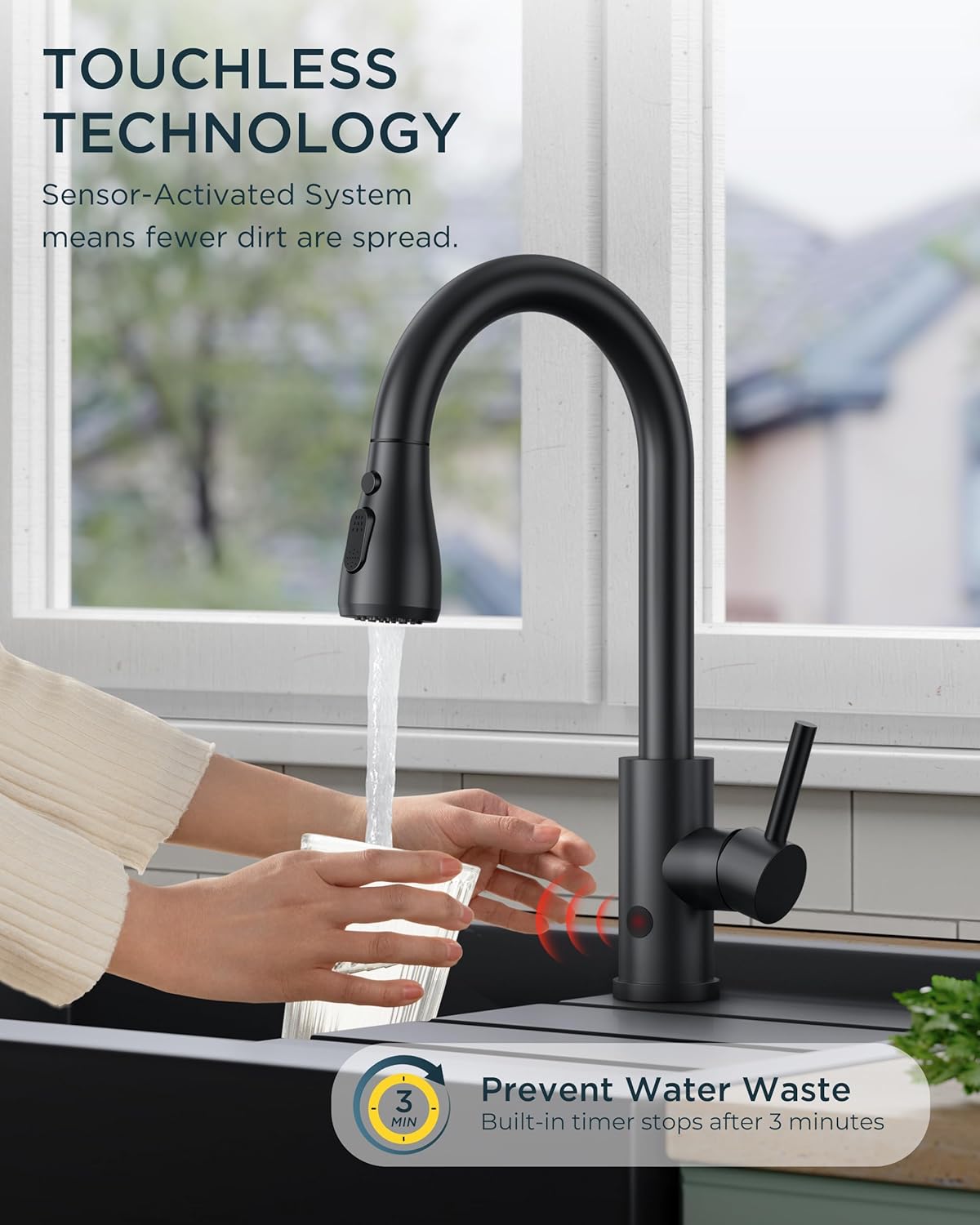 FORIOUS Touchless Kitchen Faucet with Pull Down Sprayer, Black Hands-Free Smart Motion Sensor Sink Faucet Single Handle Contemporary, Suitable for Farmhouse Laundry Camper RV Bar