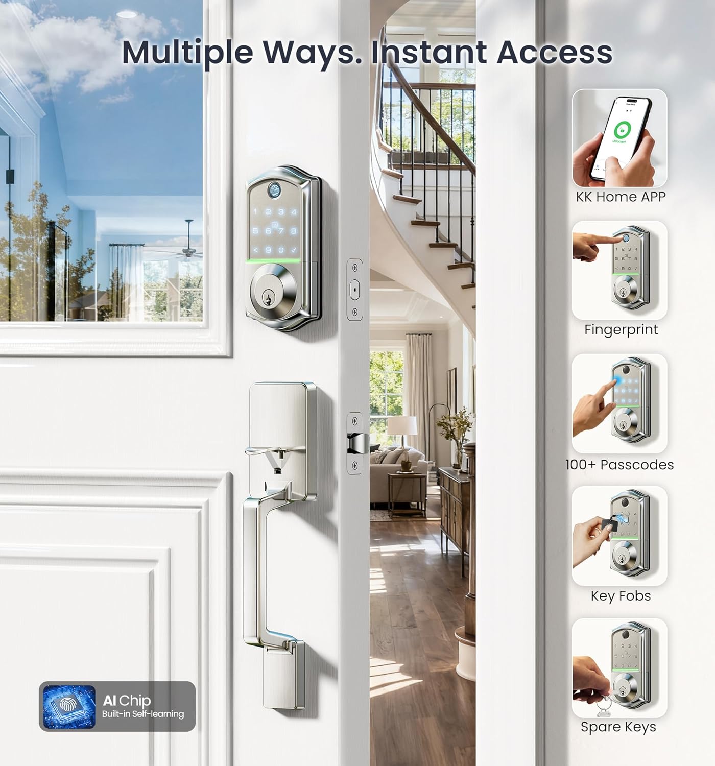 Veise VE017-D Fingerprint Smart Front Door Lock Set, App Control, 8-in-1 Keyless Entry Deadbolt with Lever Handle, Emergency Power Port, Auto Lock, Touchscreen Keypad, Easy Install, Satin Nickel