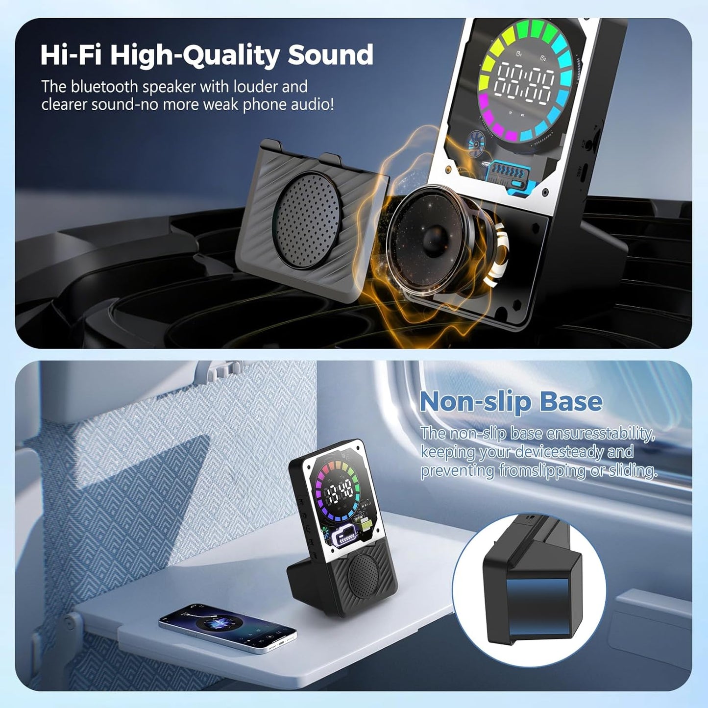 Wireless Induction Speaker, 5 in 1 Bluetooth Speaker with Cell Phone Stand, Phone Holder with Rechargeable Colorful Light and Alarm Clock for iPhone/Android/iPad, for Men Women（Black）
