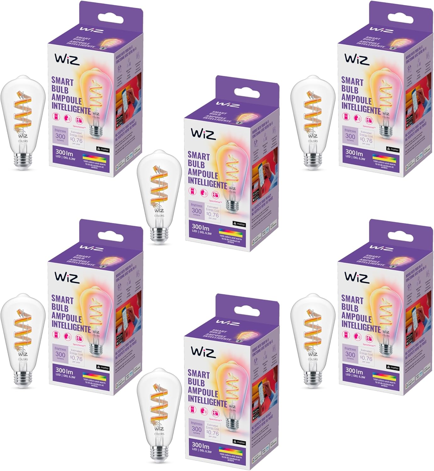 WiZ Connected Color ST19 Filament LED Smart Bulb - Pack of 6-300 Lumen - E26 - Indoor - Wi-Fi Enabled - Voice/App Control - Motion Activation - Matter Compatible