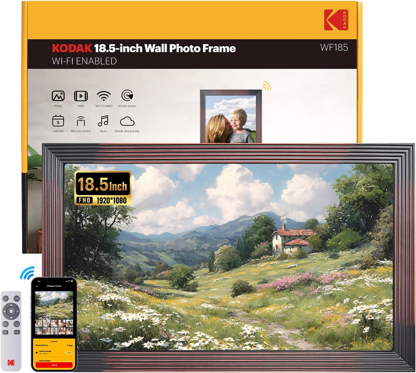 KODAK 18.5 Inch Wooden WiFi Digital Picture Frame,1920 * 1080 X-Large Digital Photo Frame,32GB Memory,IPS Screen, Wall-Mounted with Remote, Share Picture Video, Work with Alexa,Best Gifts for Mom