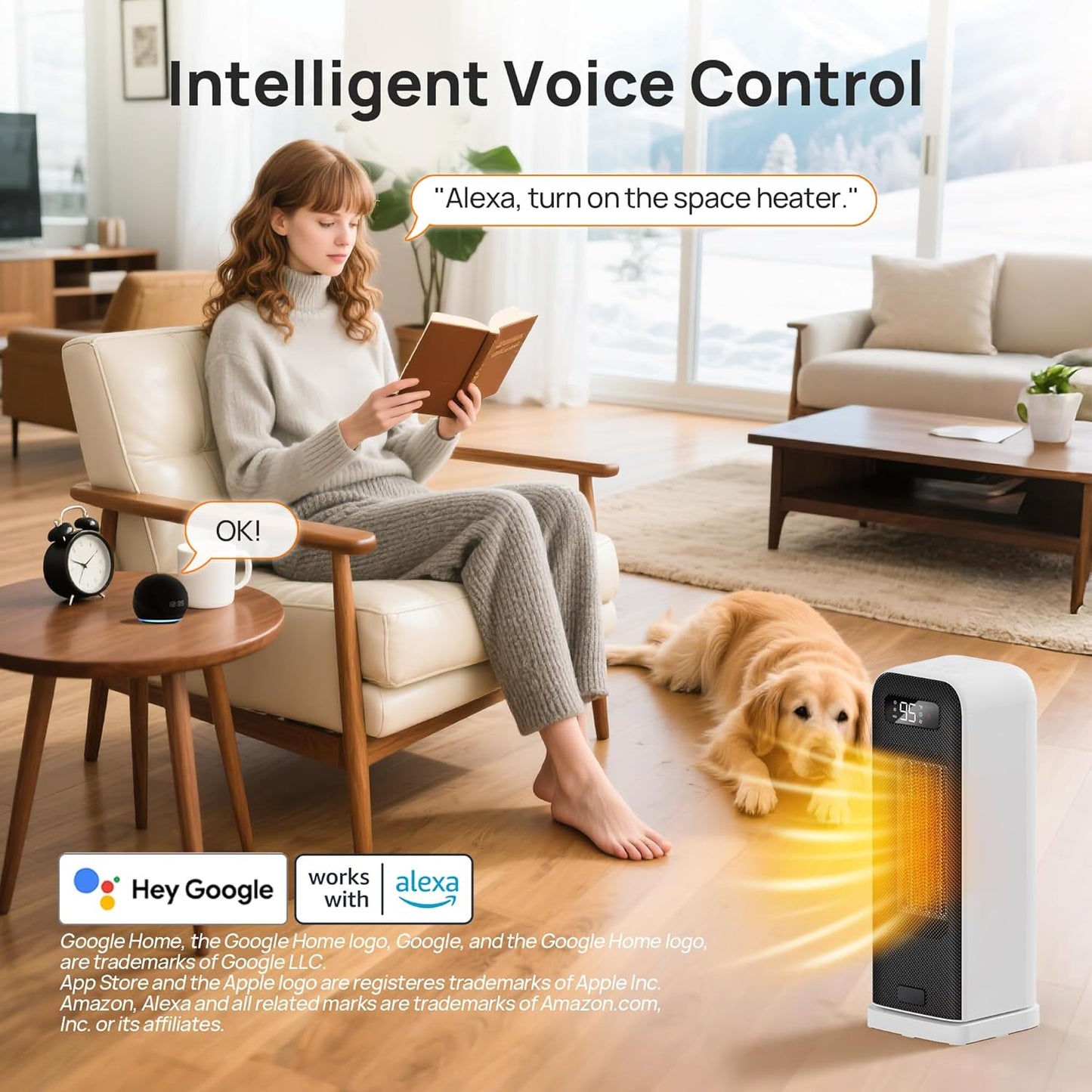 Space Heaters for Indoor Use, Smart Portable Electric Heater with Thermostat, WiFi and Voice Control, 12H Timer, 4 Modes, 36dB 1500W PTC Ceramic Safety Heat for Office Bedroom Home 1Pack White