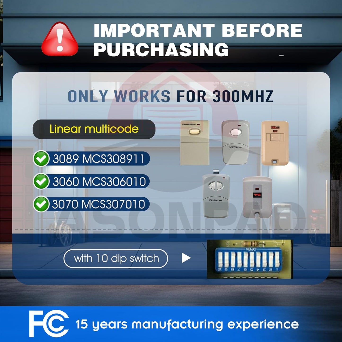 3 for Multi-Code 3089 MultiCode 308911 Linear MCS308911, 300MHZ 10 Dip Switch Gate Opener Remote (3-Year-Warranty)
