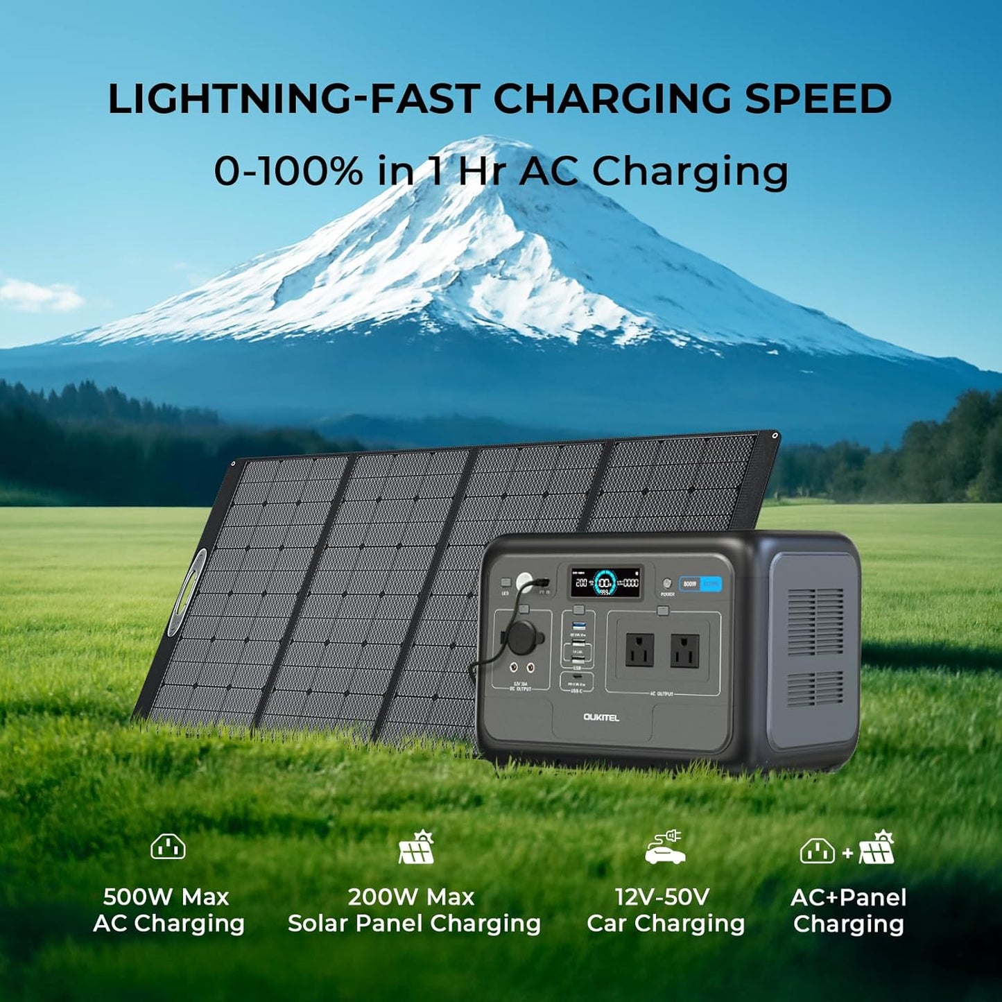 OUKITEL P800 800W Solar Generator with 200W Solar Panel, 512Wh Portable Power Station LiFePO4 Battery Emergency for Home Backup Camping RVs