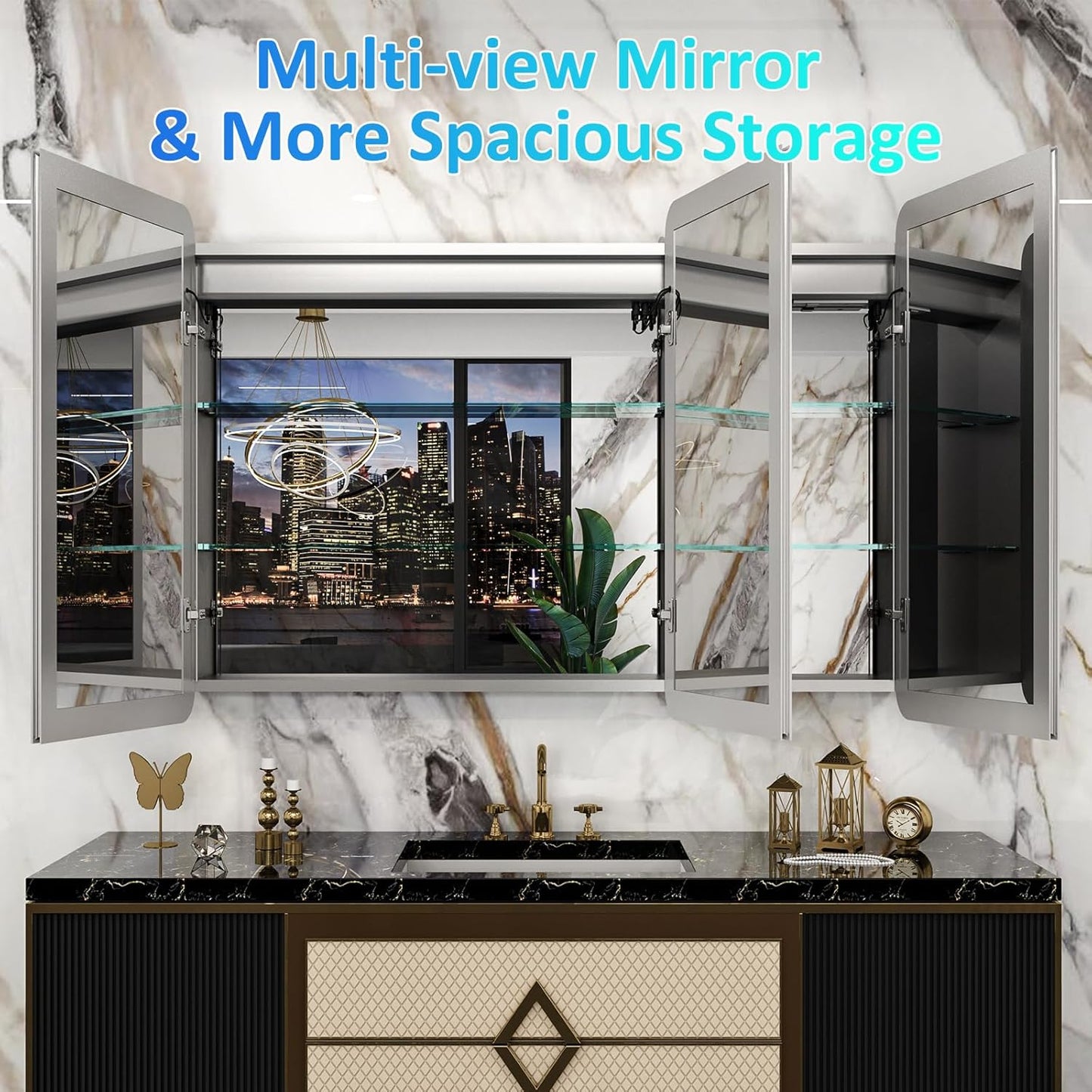 60×32 Inch Lighted Medicine Cabinet with Mirror, RGB Backlit LED Medicine Cabinet with 3-Color Front Lights, Bathroom Mirrored Cabinet with Electrical Outlet, Defogger, Three Door