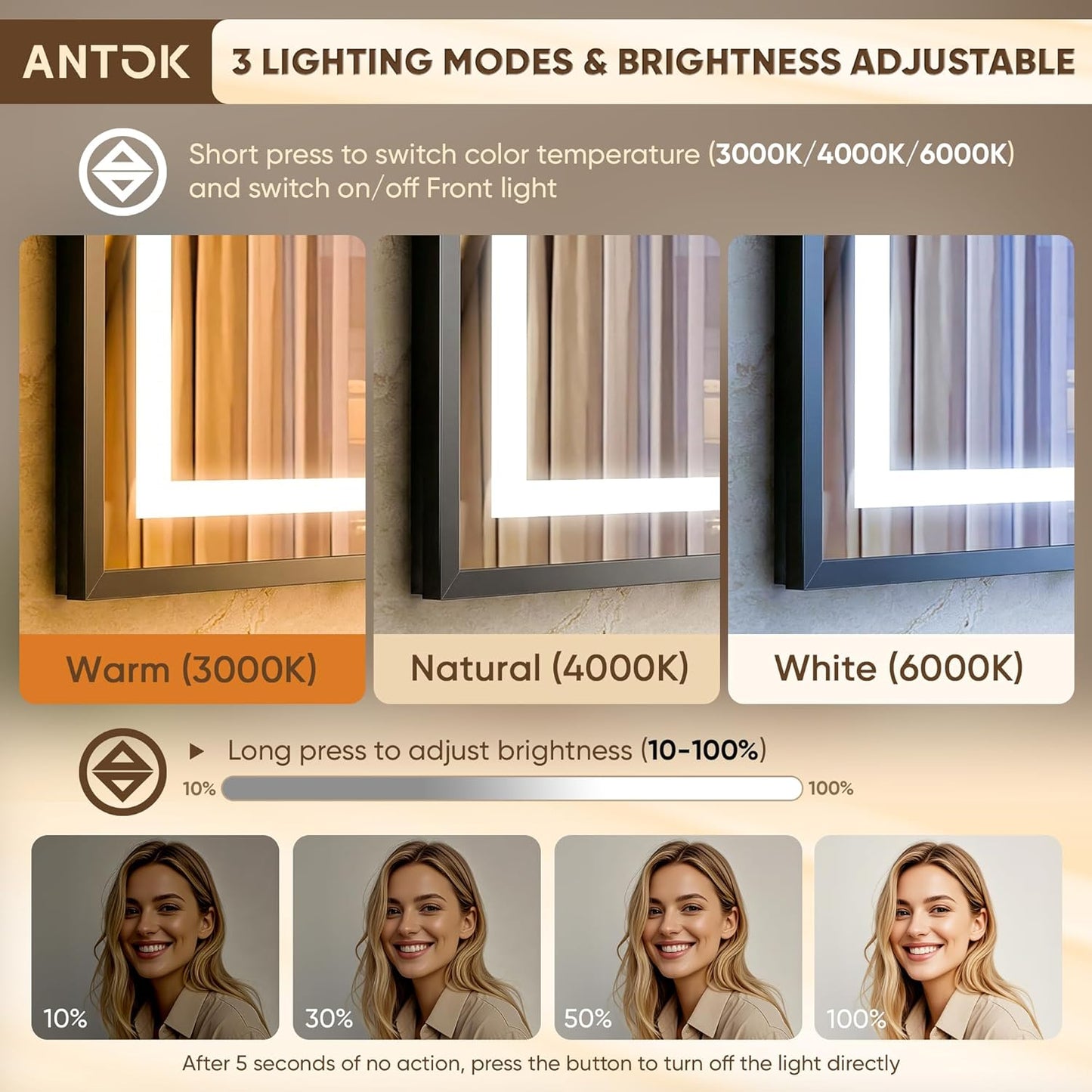 Antok 72X32 LED Bathroom Mirror with Lights, Vanity Mirror for Wall with Black Frame, Touch Control, Anti-Fog, Dimmable Lights, Shatter-Proof, Memory Function, Wall-Mounted Vanity Mirrors