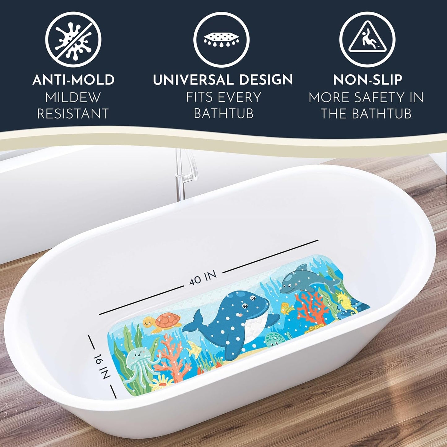 Bath Tub Mat Non Slip Anti Mold for Kids BPA Free INCL Hooks - homerella® Ocean Sea Animals 40x16, Baby Bath Mat Non Slip 200 Suction Cups, Non Toxic Machine Washable Toddler Bath Mat, EU Certified