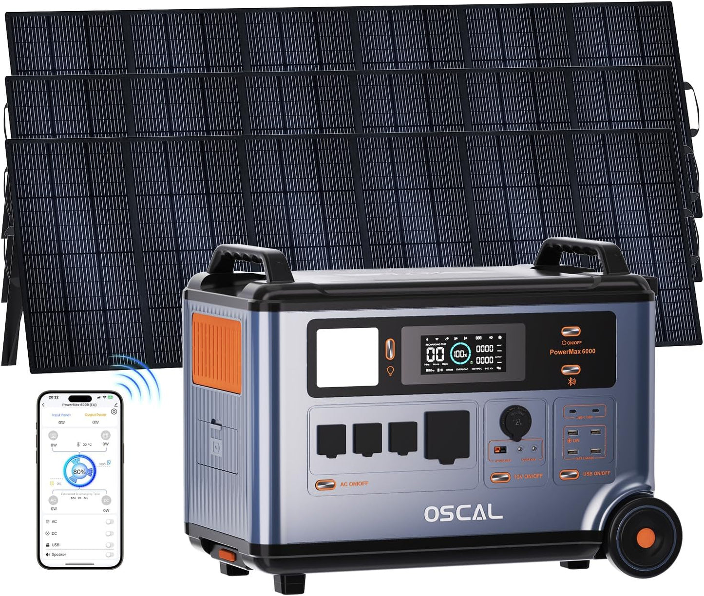 OSCAL 6000W Solar Generator with 3x500W Solar Panel,120V/240V Dual Voltage Portable Power Station 3600WH Lifepo4 Battery with 14 Outlets,2200W 1.96H Fast Charge,Promax6000 for Home Backup.