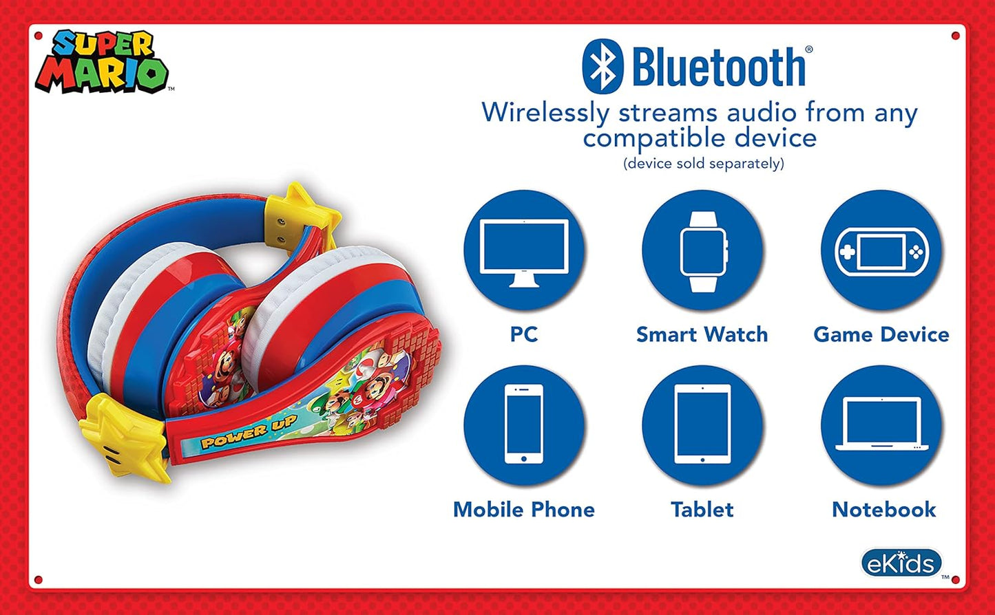 Super Mario Wireless Bluetooth Portable Kids Headphones with Microphone, Volume Reduced to Protect Hearing Rechargeable Battery, Adjustable Kids Headband for School Home or Travel