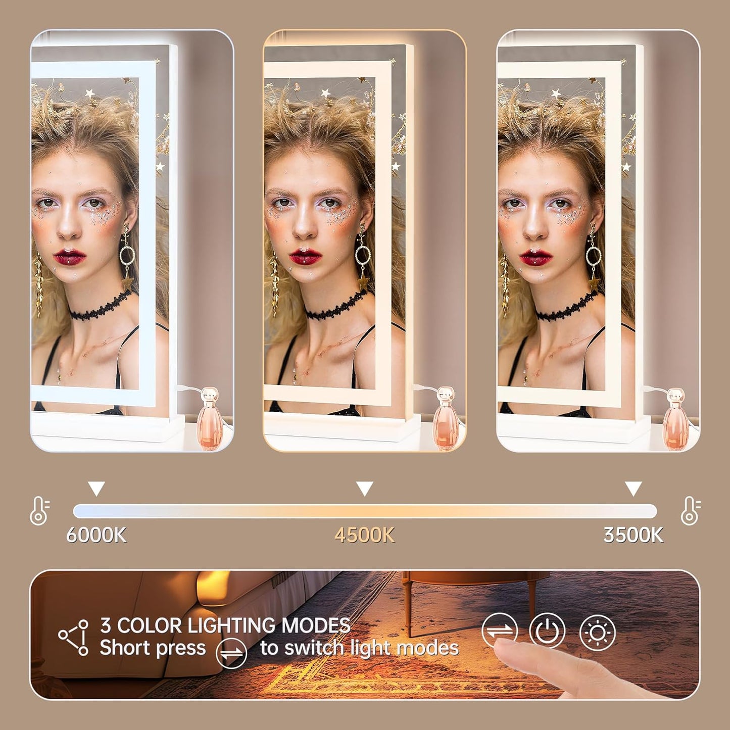 Hasipu Vanity Mirror with Lights, 32" x 20" LED Makeup Mirror, Lighted Makeup Mirror with Dimmable 3 Modes, Touch Screen Control Vanity Mirror Square White