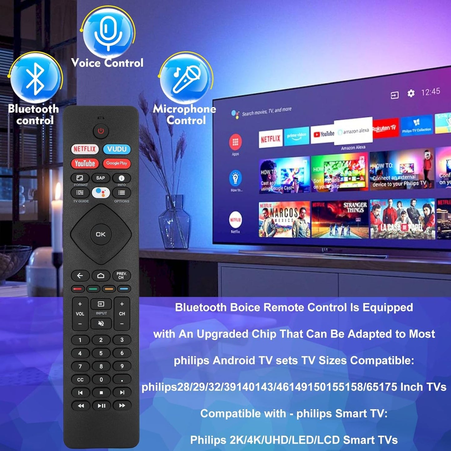 2 Pcs Voice Remote Control for Phillips Voice TV Replacement. Universal Remote Control for Philip 4K UltraHD Smart Android TV with Google Assistant. for Philips 43" 50" 55" 65" 75"