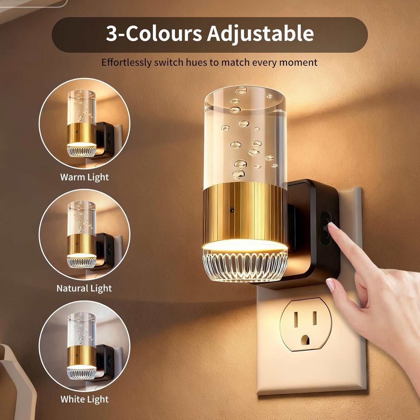 LED Night Light Plug into Wall with Dusk to Dawn Sensor,0-100LM Brightness Acrylic Nightlight with 3 Adjustable Color(3000K/4500K/6000K),2 Pack (Copper)