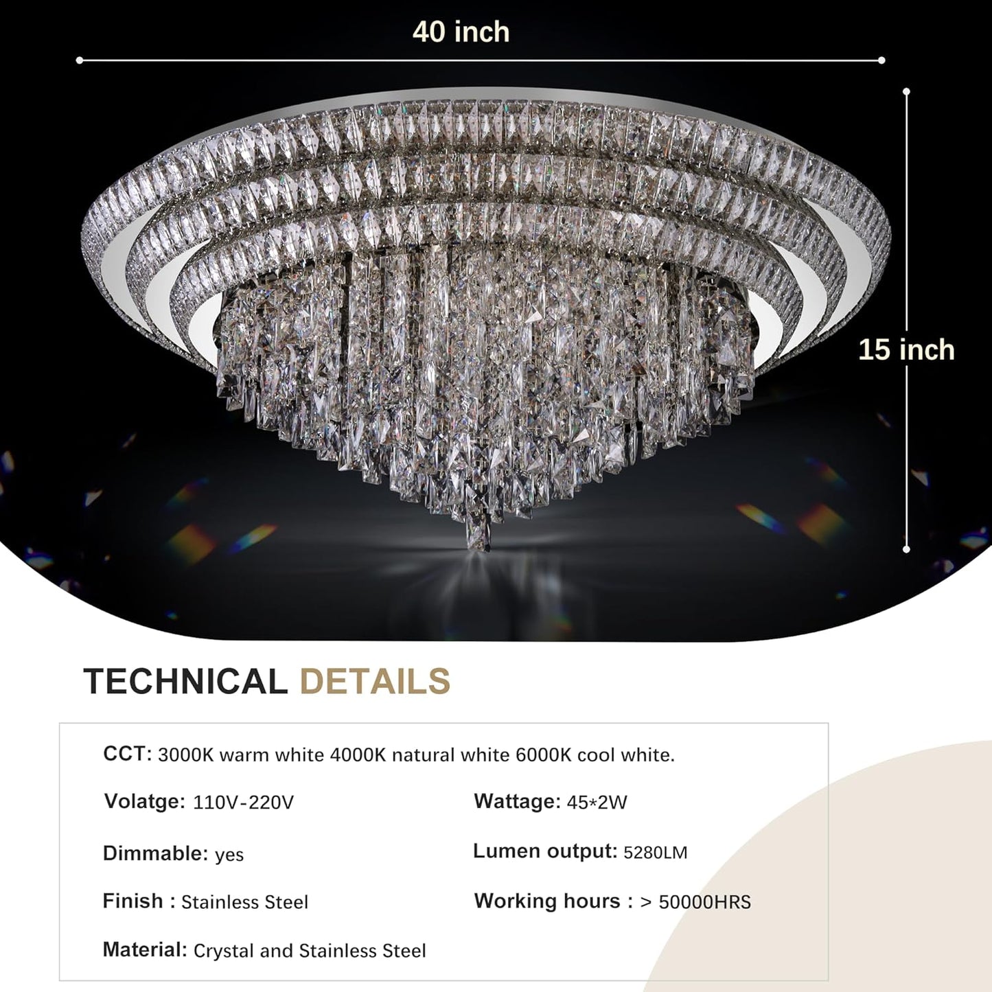 COCOSTAR Sliver Elegant LED Crystal Raindrop Ceiling Light with Remote and APP, 40" Modern Flush Mount Chandelier Light Fixture, 3CCT Dimmable, for Living Room Kitchen Island Bedroom Entryway Foyer