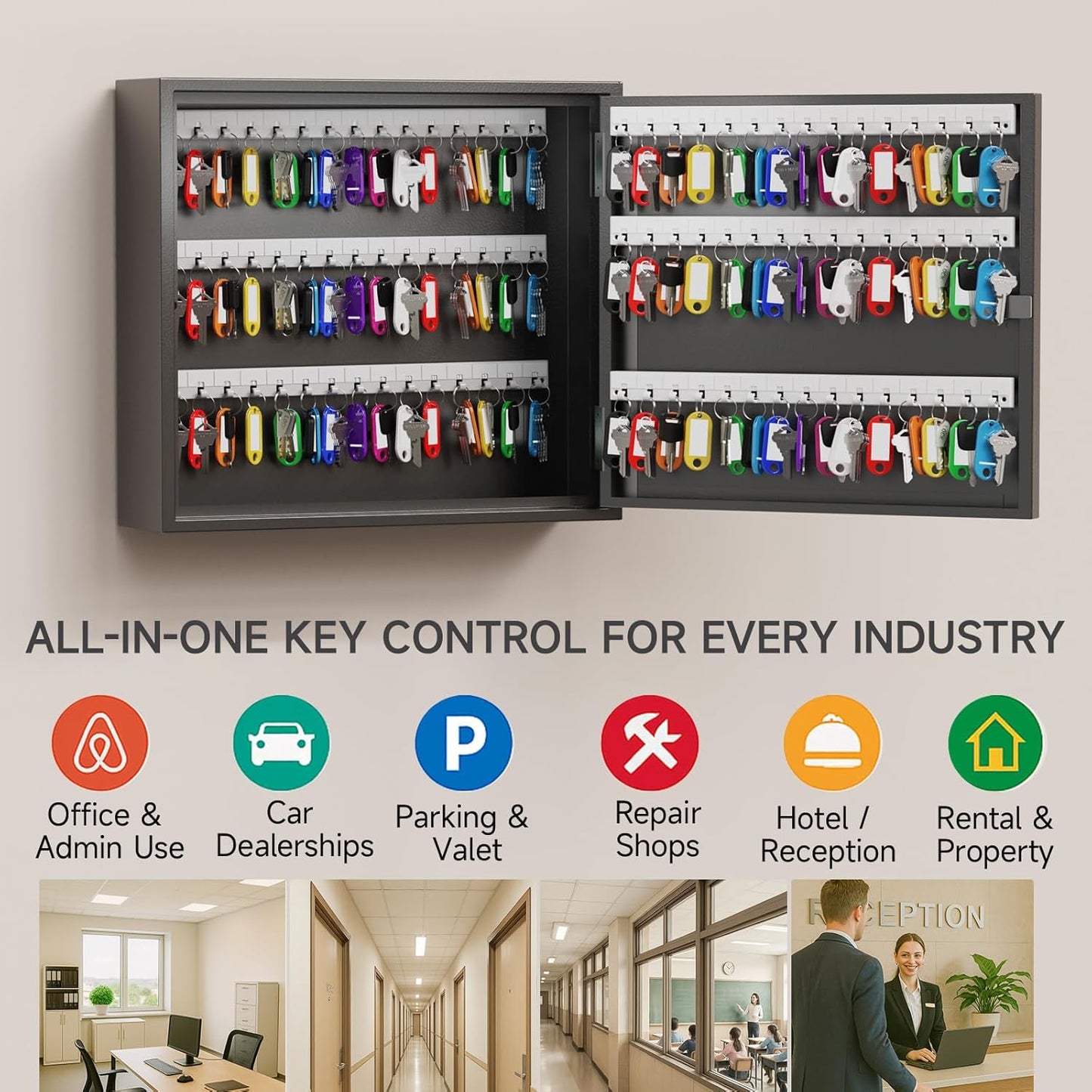 WeHere Key Lock Box for 90 Keys, Wall Mount Key Cabinet with Color Key Tags, Steel Key Storage Box with Lock, Key Holder Organizer for Home, Office, Apartment, Property Management