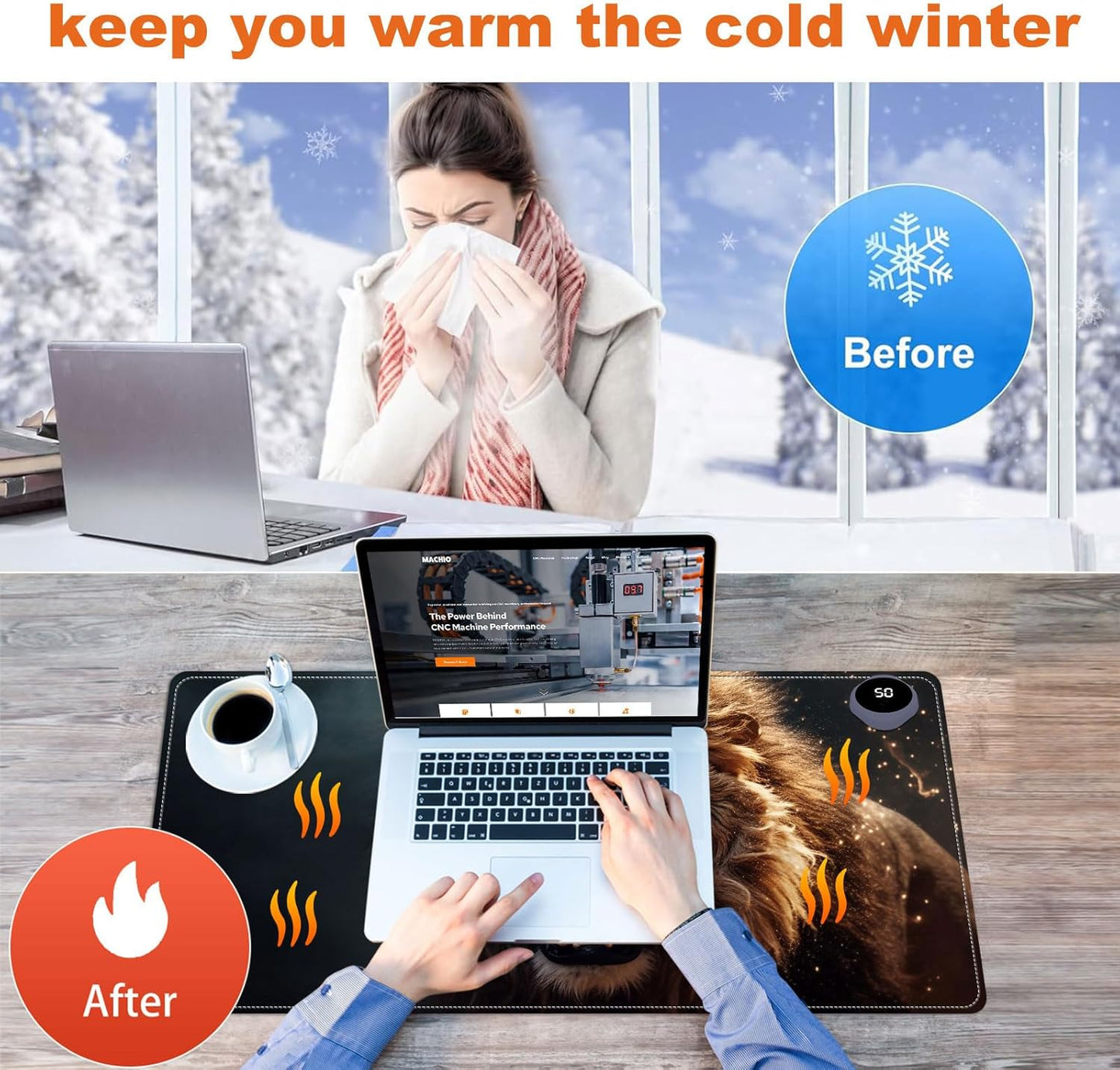 Small Heated Desk Pad 23.6" x 14.2" – Compact Electric Mouse Pad with 3 Heating Levels, Auto Shut-Off, Waterproof PU Surface, Plug-in Warmer for Office or Home Use, Roaring Lion