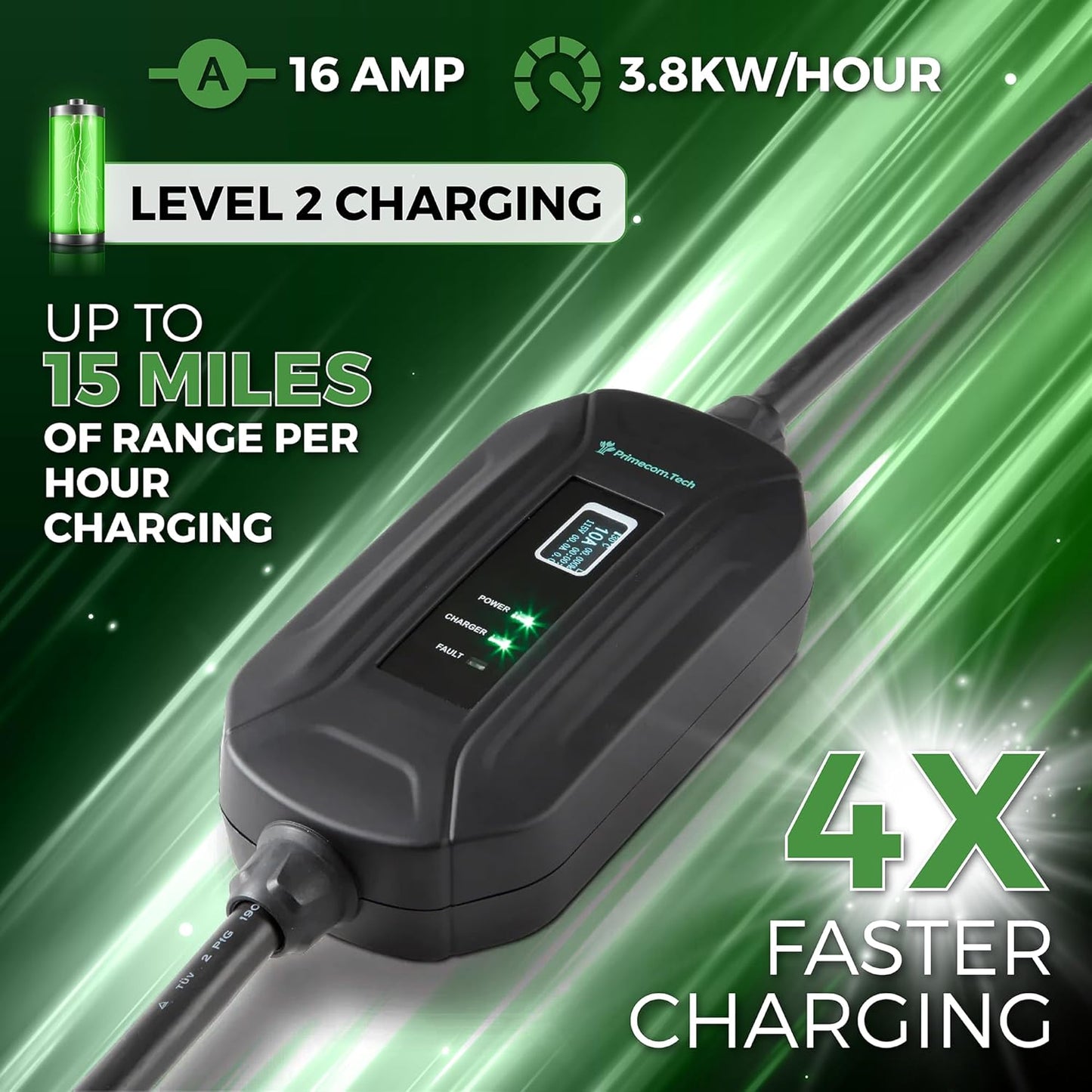 PRIMECOM Level 2 Electric Vehicle (EV) Charger (220V / 240Volt, 16Amp) Portable EVSE Smart Electric Car Charger, 30', 40', and 50 Feet Lengths (NEMA 10-30P, 50 Feet)
