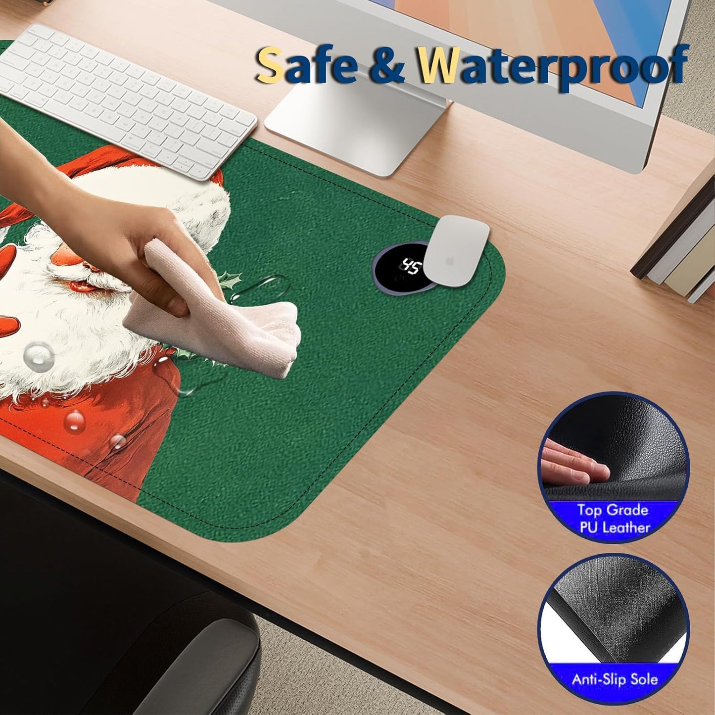 Heated Mouse Pad with 3 Temperature Settings(104°F–122°F),Large 24x14.2 Inch PU Leather Heated Desk Mat,Waterproof Warming Pad for Office,Gaming & Cold Hands Relief,Santa Christmas
