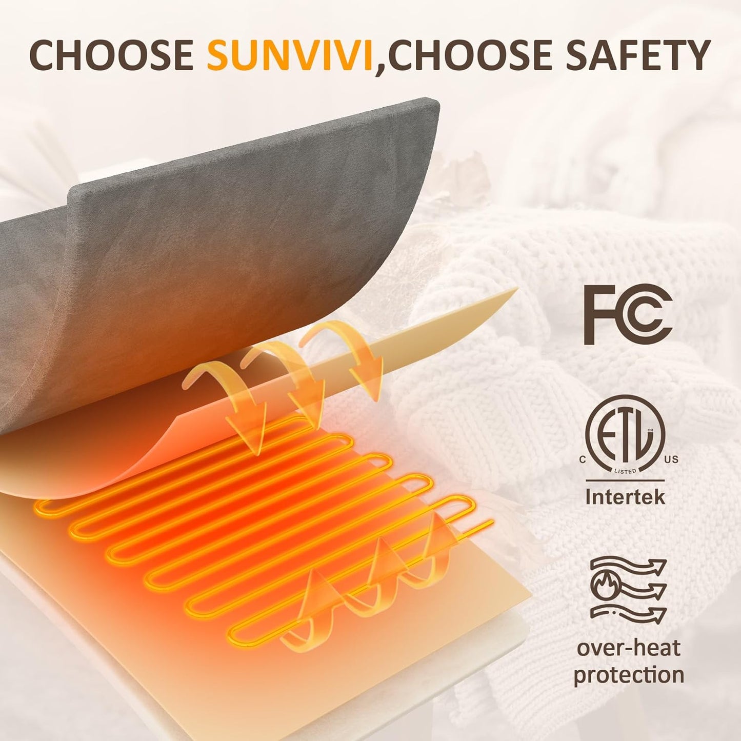 SUNVIVI Heated Blanket Queen Size, Electric Throw Dual Control, 5 Years Warranty, 10 Heat Settings, 12 Hours Auto Off, Soft Flannel and Sherpa, Machine Washable, ETL Certified,Grey