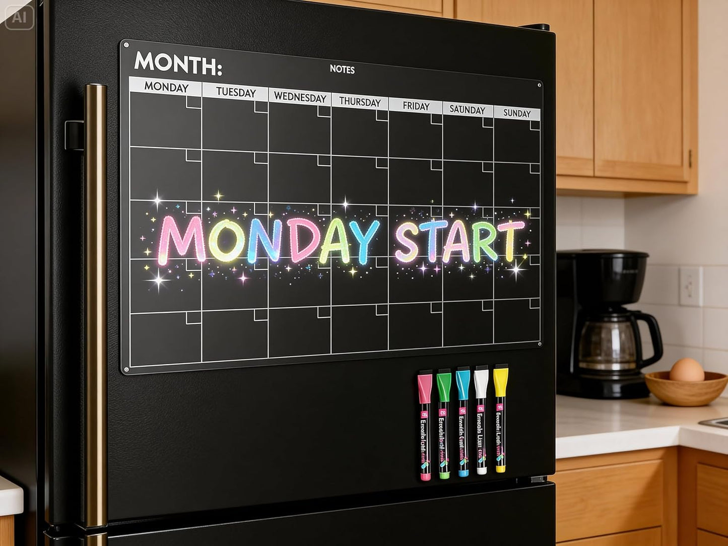 Fridge Calendar Acrylic 17x12”, Start Monday | Magnetic Calendar for Refrigerator | Acrylic Dry Erase Whiteboard Calendar for Fridge | Family Schedule Board with 5 Markers & Eraser by Freedom Mastery