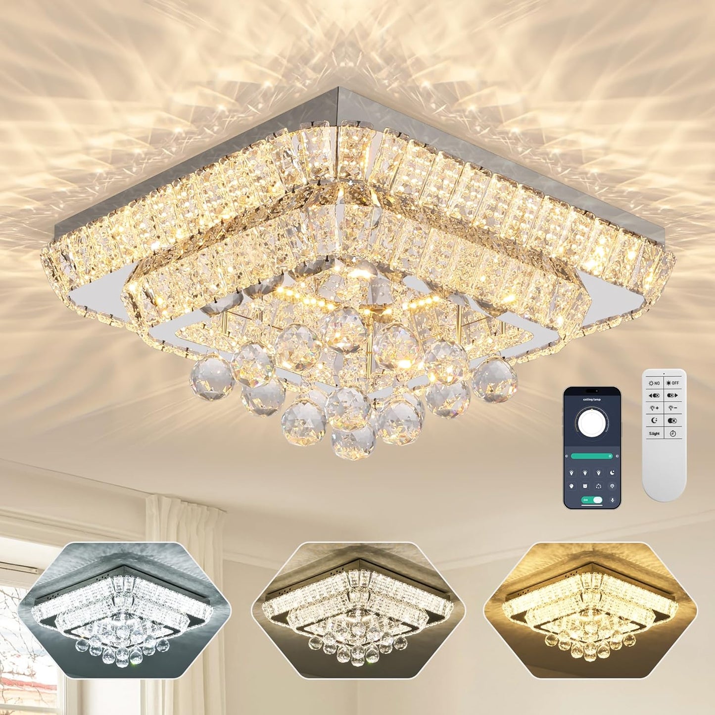 COCOSTAR 18 inch Crystal Flush Mount Chandelier Remote/APP, Modern Raindrop LED Ceiling Light, 3CCT Dimmable & Brightness Adjustable,Elegant Chandeliers for Bedroom Hallway Dinning Room Living Room