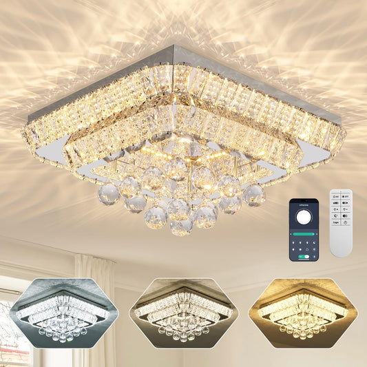 COCOSTAR 18 inch Crystal Flush Mount Chandelier Remote/APP, Modern Raindrop LED Ceiling Light, 3CCT Dimmable & Brightness Adjustable,Elegant Chandeliers for Bedroom Hallway Dinning Room Living Room
