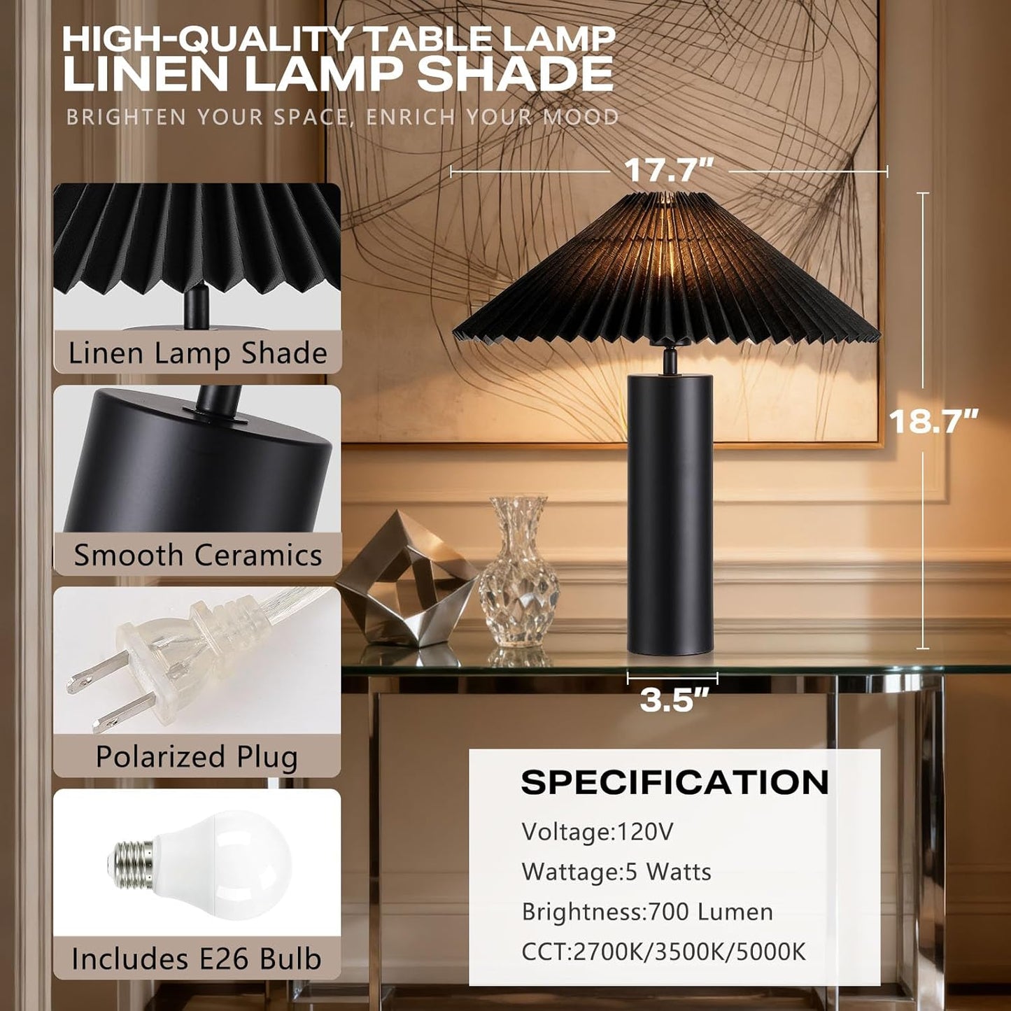 Modern Table Lamp with Metal Blade Lampshade and Cylindrical Base, E26 Bulb Compatible, Contemporary Accent Light for Living Room, Bedroom, Office (Black)