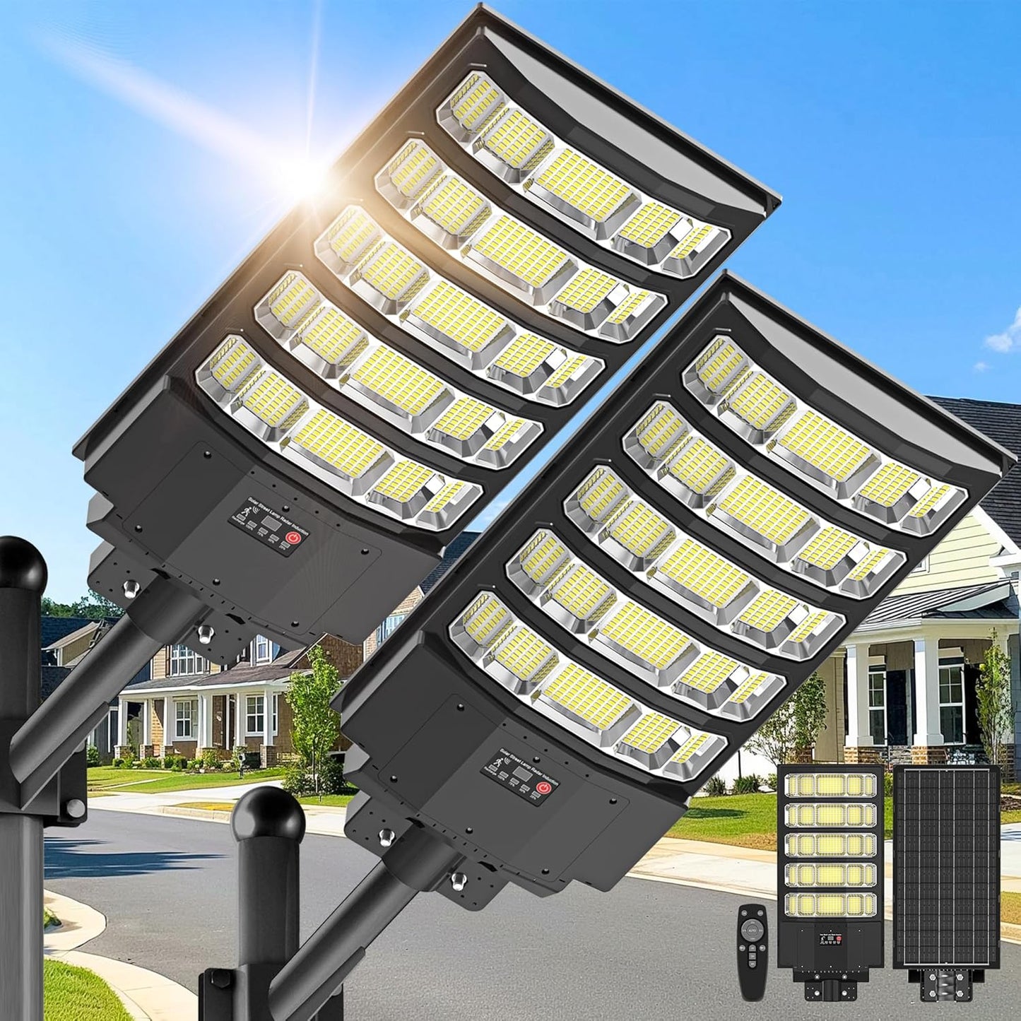 Solar Street Lights Outdoor,10000W Solar Lights Outdoor Waterproof with Motion Sensor, IP66 Solar Flood Lights for Yard, Pathway, Parking Lot - 350° Wide Angle & Remote Control Included (2 PACK)