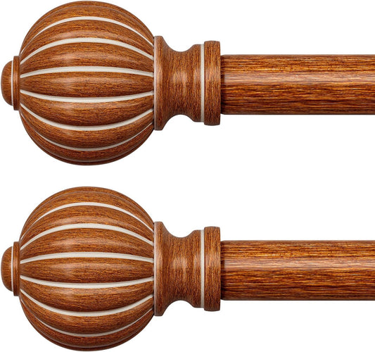 2 Pack Reddish-Brown Wood Curtain Rods for Windows 48 to 84 Inch, 1'' Adjustable Heavy Duty Curtain Rod，Vintage Imitation Wood Decorative Drapery Rods with Pumpkin Finials for Living Room