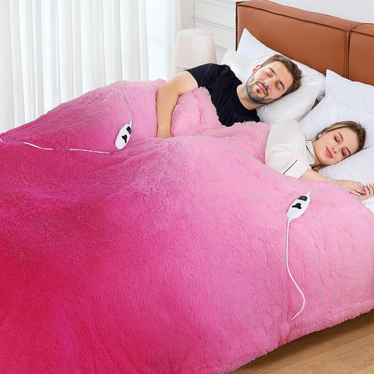 Heated Electric Blanket Queen,Warm Winter Birthday Gifts for Women Her Grandma–Faux Fur with Soft Sherpa,10 Heat Settings,5 Time Settings with Fast Heating, 84x90, Rose Red