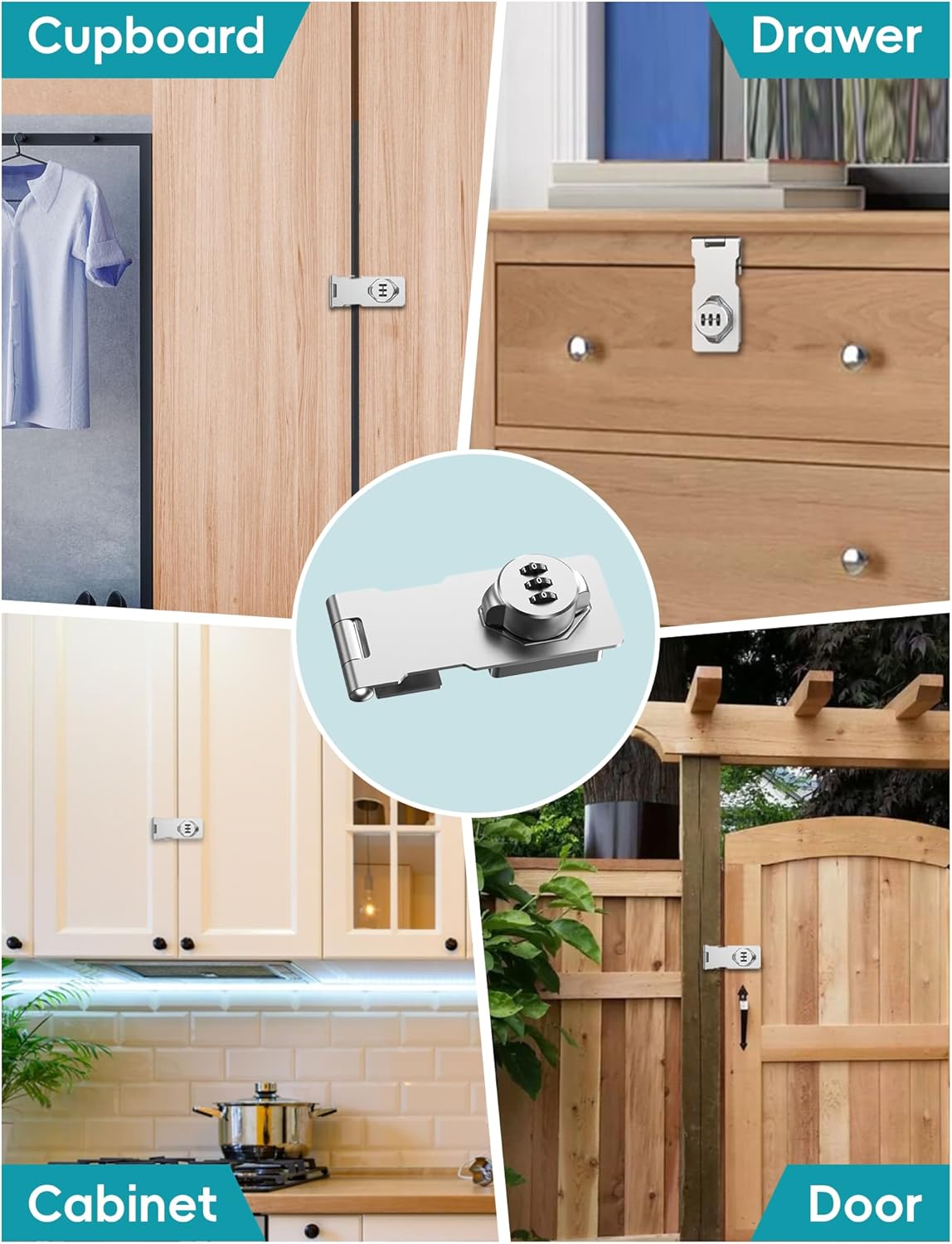 Combination Cabinet Door Lock, Gate Latch Lock with Code, Keyless Security Lock for Gate, Door, Cabinet, Bathroom, Outdoor, Garage, Fence,(Sliver, 2 Pack)