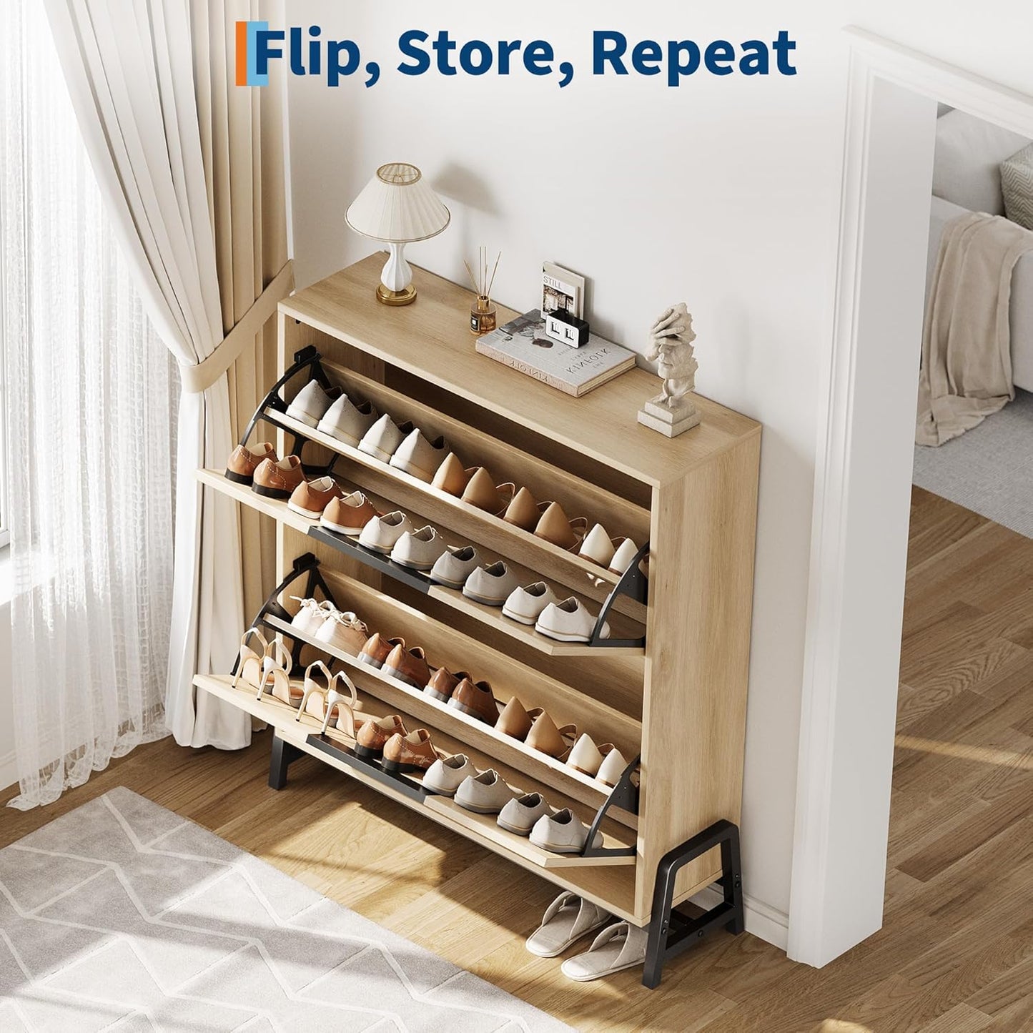CABIHOME Shoe Storage Cabinet with 2 Flip Drawers, Freestanding Shoe Organizer with Metal Legs, Adjustable Shelf Narrow Shoe Rack Cabinet for Entryway, Hallway, Living Room, Oak