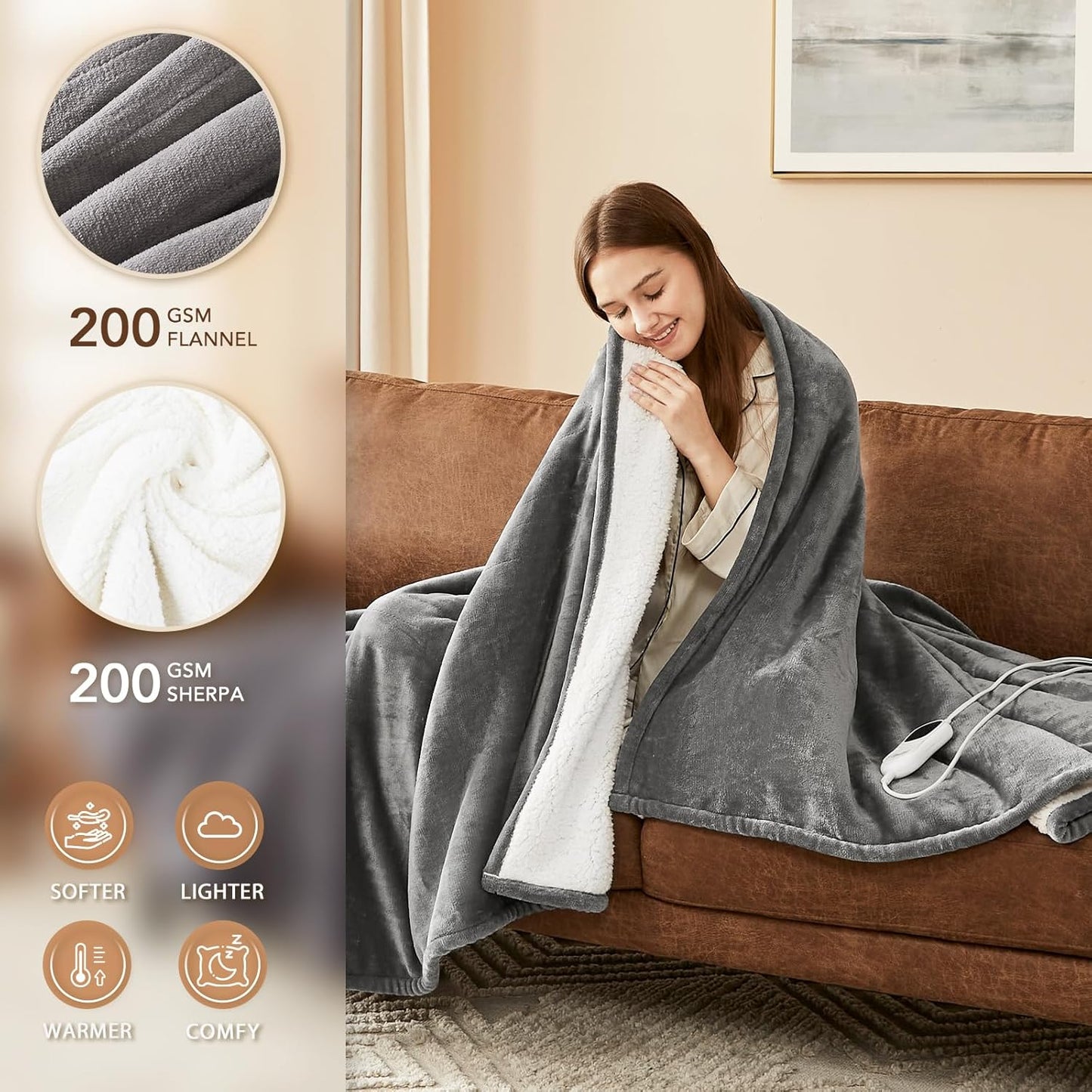 Homemate Electric Heated Blanket Twin Size - 62"x84" Heating Blanket Twin Size 1/2/4/6/8 Hours Auto-Off 10 Heat Level Over-Heat Protection Flannel Sherpa ETL Certification