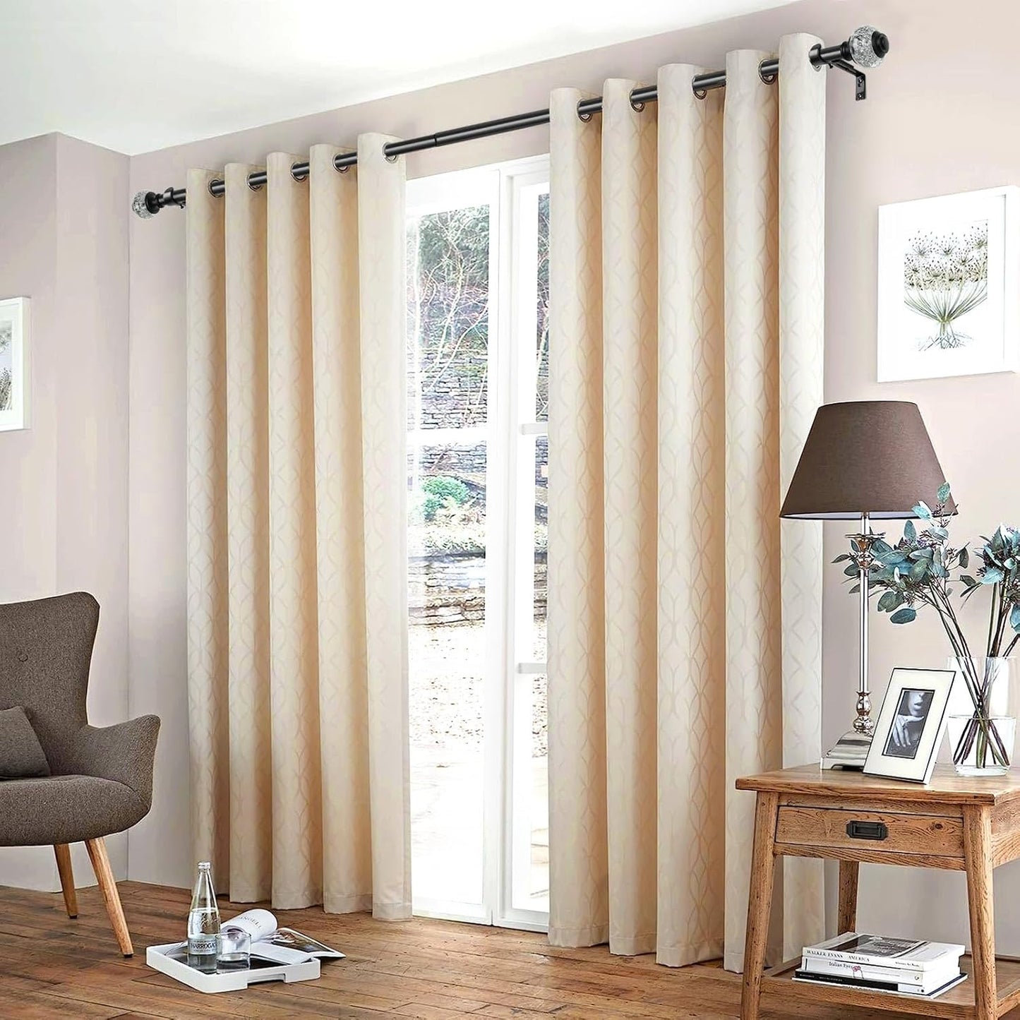 1 Inch Curtain Rods 72 to 144 Inches (6 to 12 ft) Telescoping Single Drapery Rod, USFOOK Black Curtain Rods for Windows 69 to 140 Inches, Decorative Translucent Finials