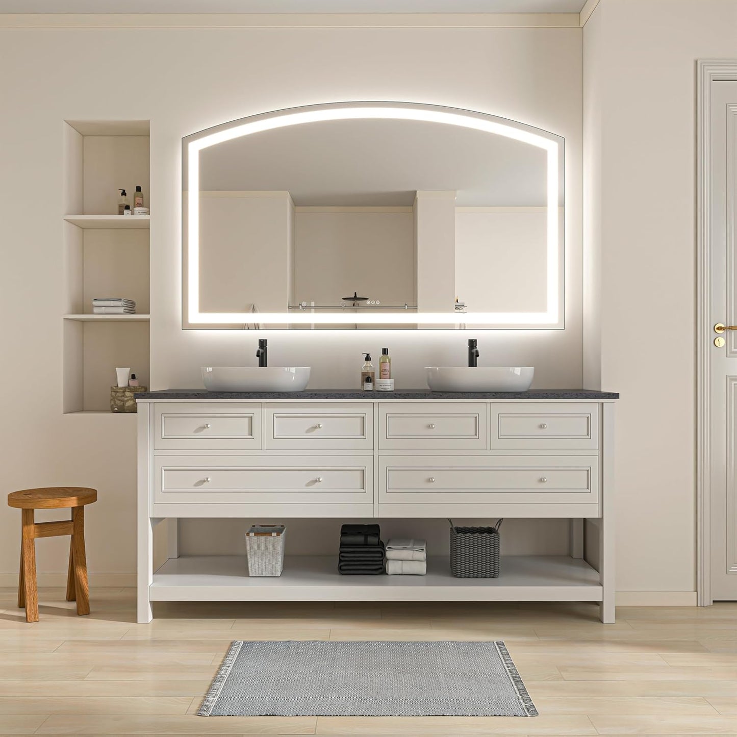 Hasipu 60“ x 36" Arch LED Bathroom Mirror, Frontlit Wall-Mounted Vanity Mirror with Lights, Defogging, Smart Touch, Dimmable 3 Color Modes, Safety Shatterproof Glass Coating