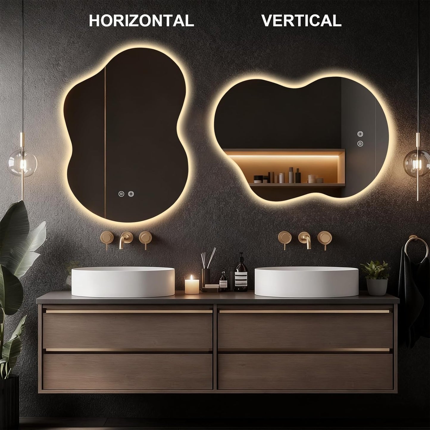 Asymmetrical Lighted Mirror for Bathroom,Modern LED Vanity Mirror with Backlit,Fog-Free,Tri-Color Dimmable Lighting with Memory Function,Hardwire Ready [Horizontal/Vertical] 35" H x 25" W