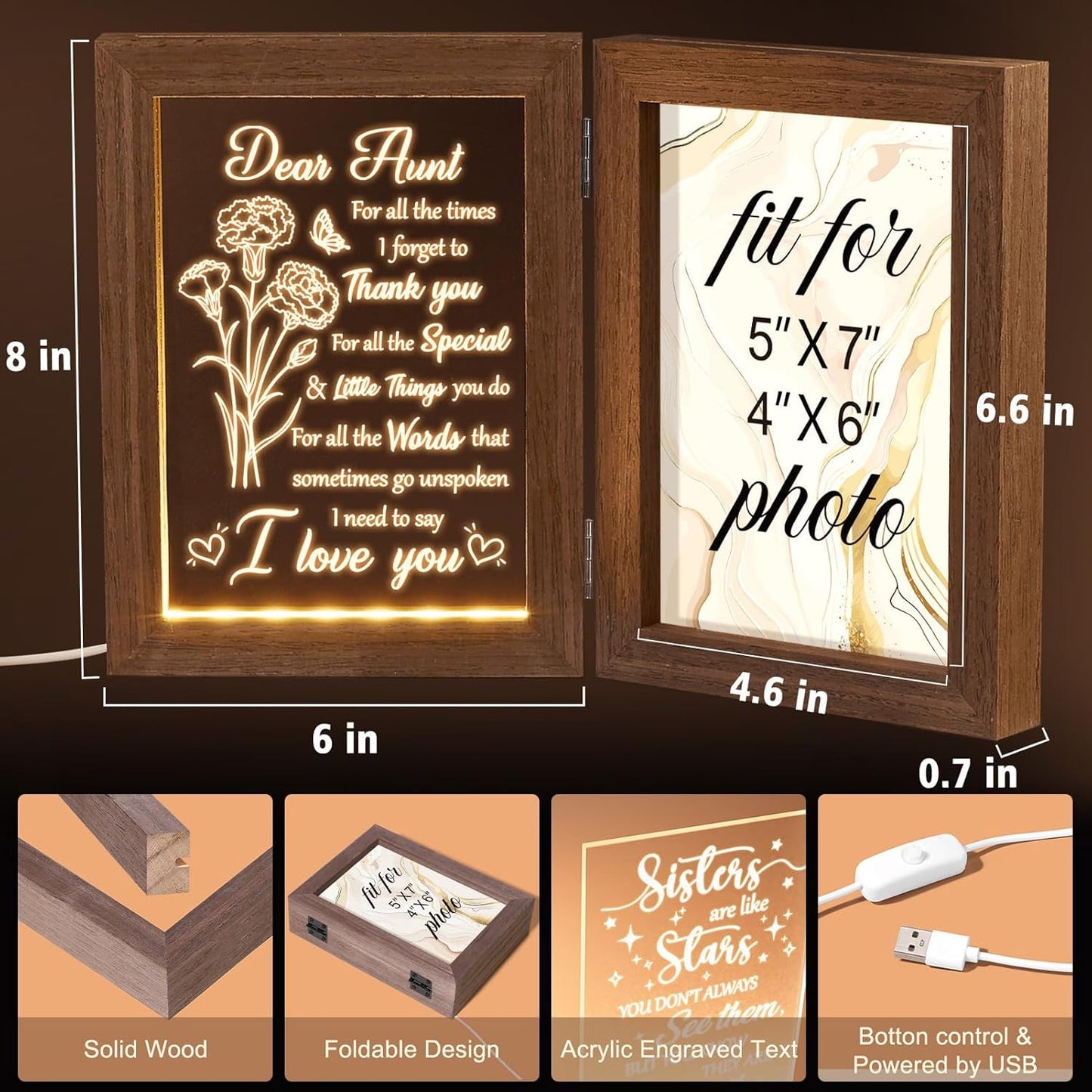 Aunt Gifts from Niece Nephew Aunt Christmas Gifts Auntie Gift, Engraved Night Light with Aunts Picture Frame Solid Wood, Best Auntie Ever Aunts Birthday Gift for Women - 5x7 Photos Table Display