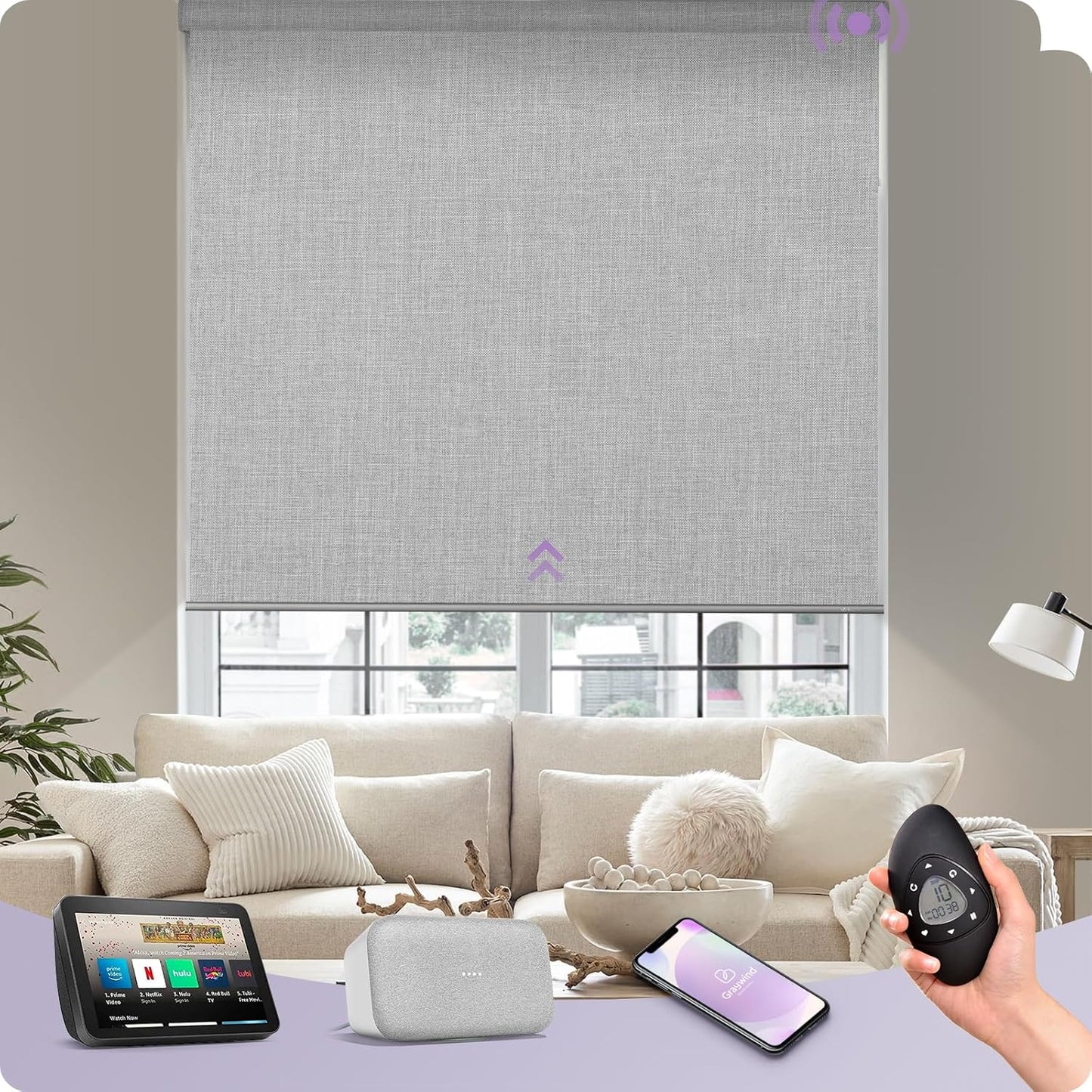 Graywind Motorized Roller Shades Compatible with Alexa Google Smart Blackout Shades with Remote Triple Weaved Fabric Window Blinds with Valance for Smart Home Office, Customized Size (Cloudy Grey)