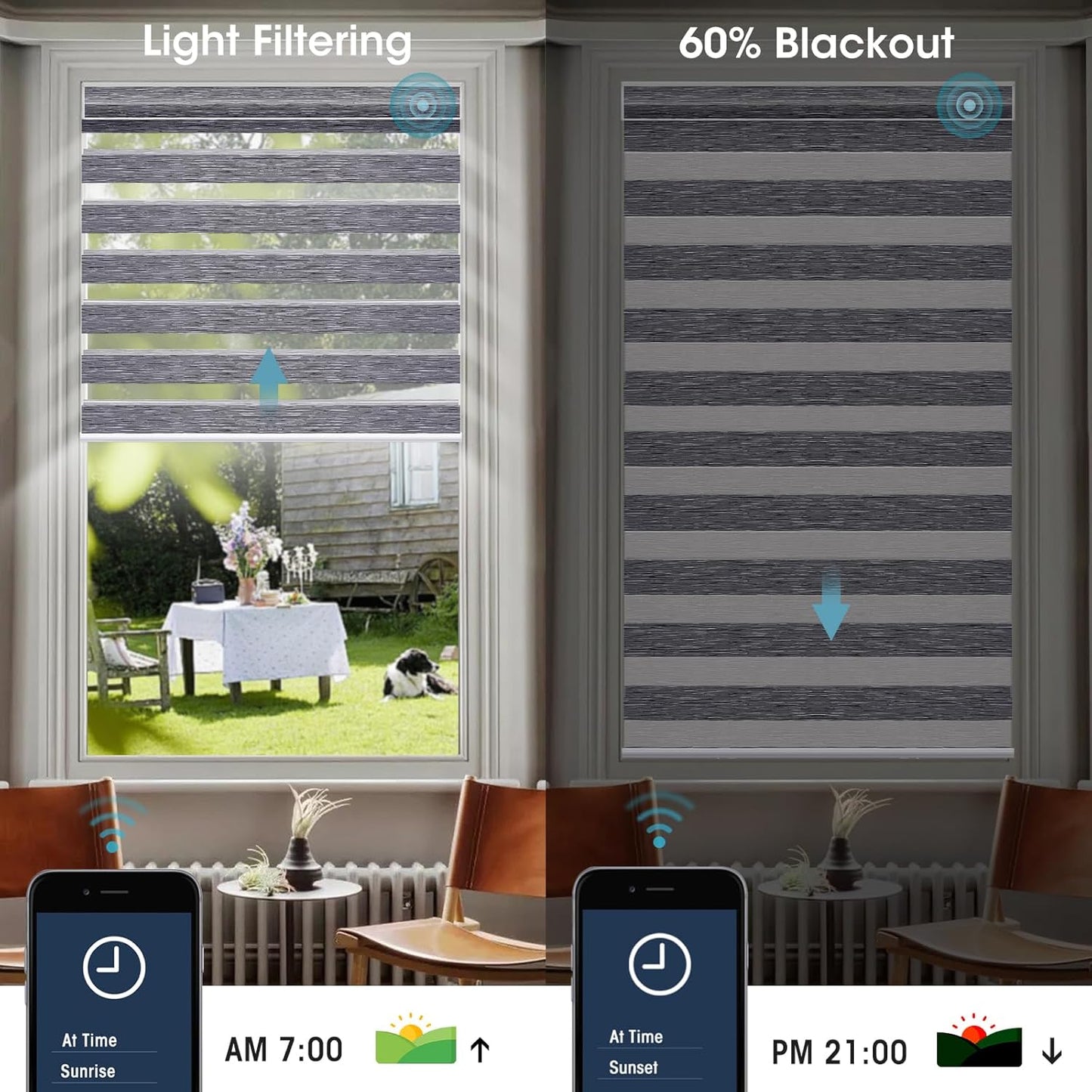 SmartWings Motorized Zebra Roller Shades - Compatible with HomeKit, Alexa, SmartThings, Google; Blackout, Sheer, Remote Control, Smart Home/Office, Customized