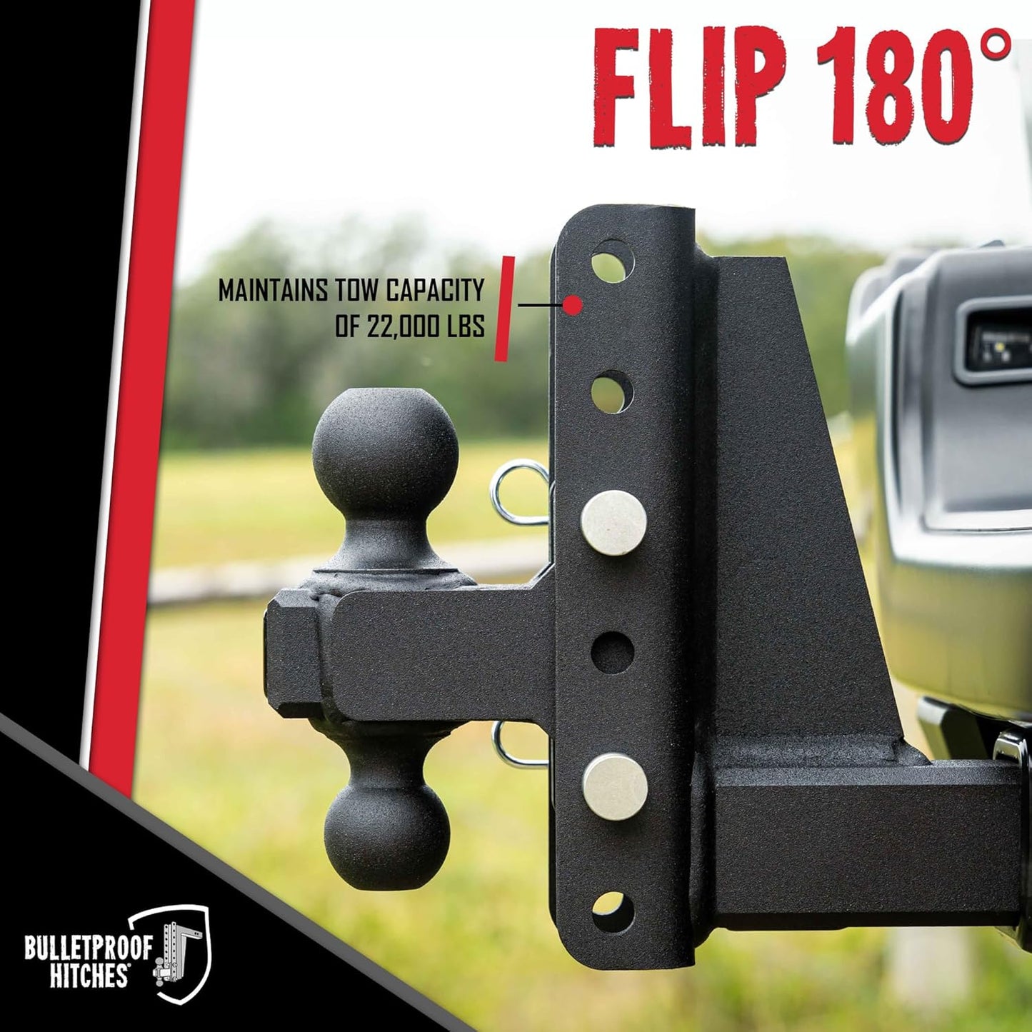 BulletProof Hitches - 2.0" Adjustable Heavy Duty Trailer Hitch (22,000 lb. Rating) - 6" Drop/Rise Trailer Hitch with 2" & 2-5/16" Dual Ball - Powder Coat, Solid Steel, Corrosion-Resistant