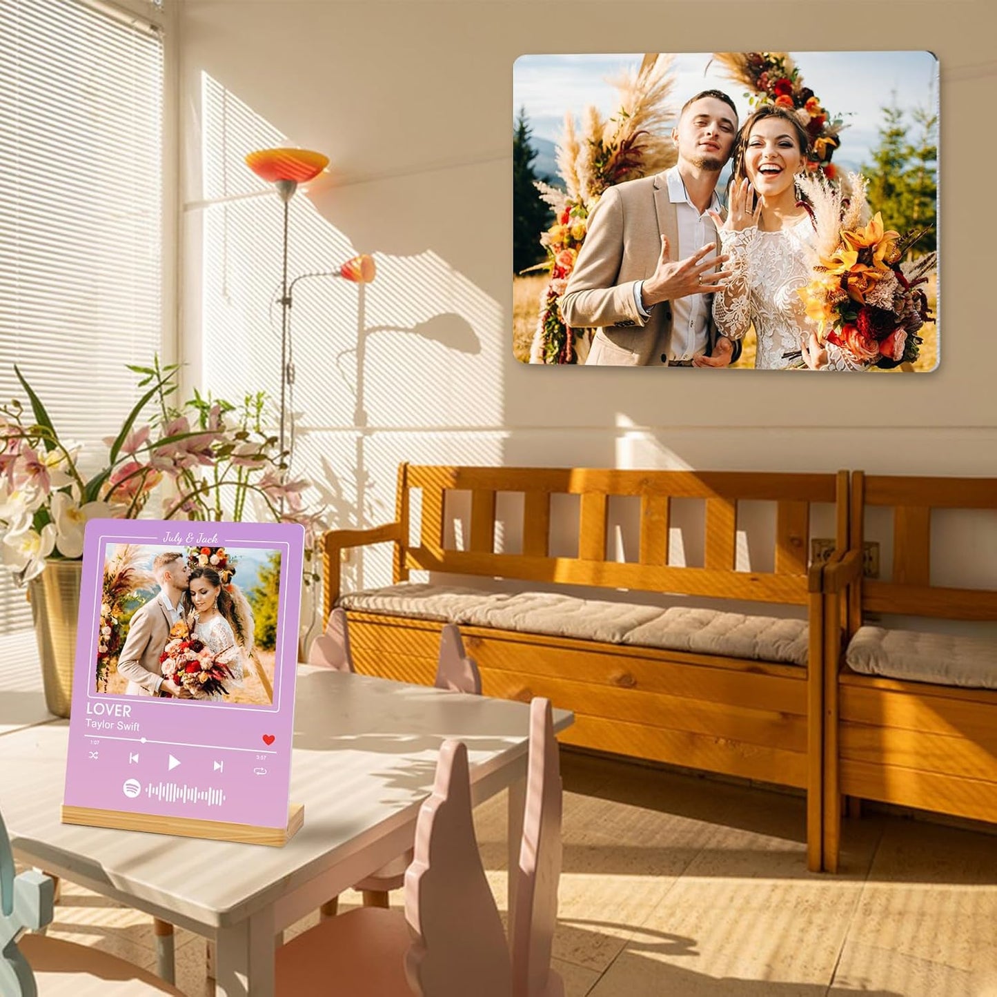 Custom Photo Prints - Metal Desktop Picture Frame with Photos & Spotify Song Plaque & Wooden Base Personalized Gifts for Family Friends and Lovers, Optional Multiple Sizes