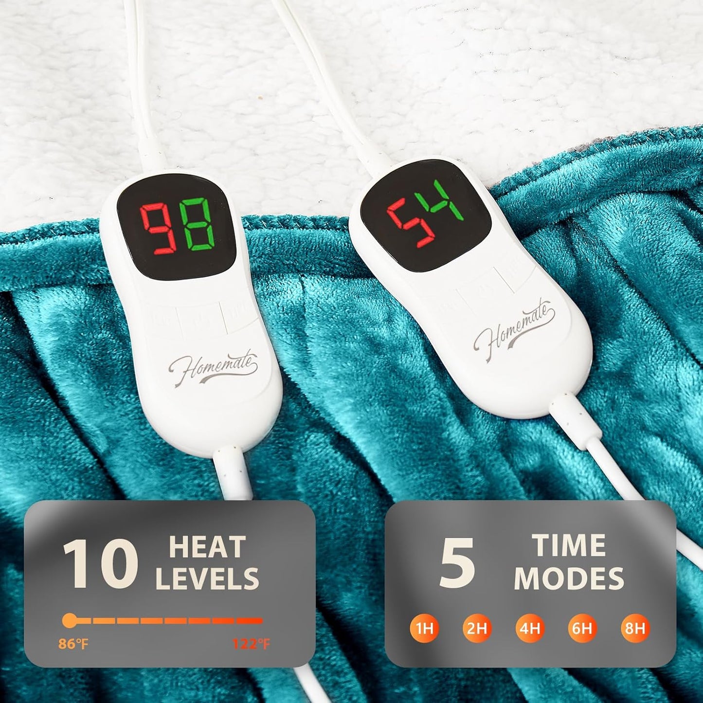 Homemate Electric Heated Blanket King - 100"x90" Heating Bed Blankets Throw with 10 Heating Levels 8 Hours Auto Off Fast Heating Over-Heated Protection Ultra Soft Warm Flannel ETL Certified