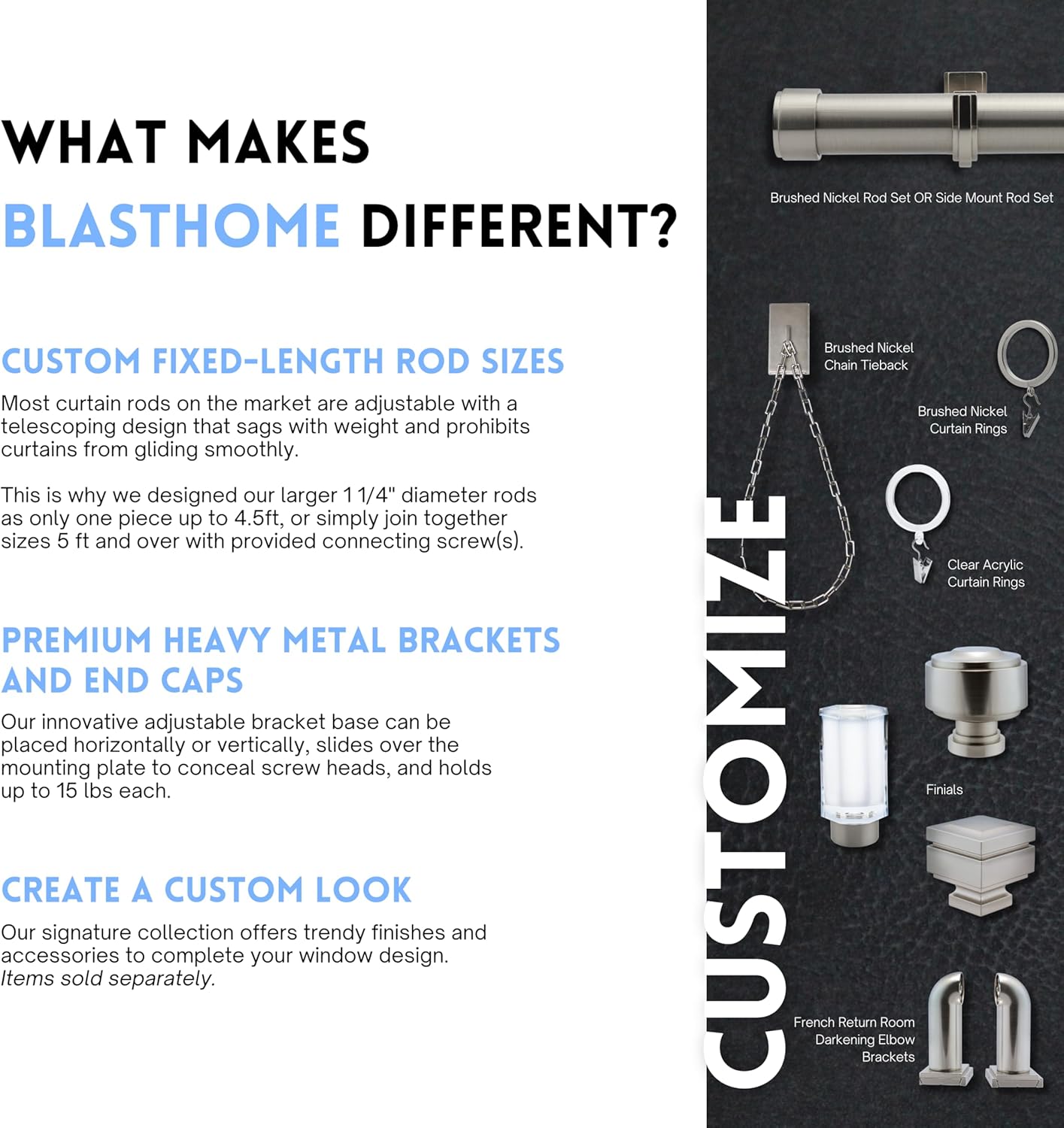 BlastHome® Non-Adjustable Luxury Curtain Rods for Windows, 1 ¼” Rod Set, 4 foot Fixed Length, Brushed Nickel