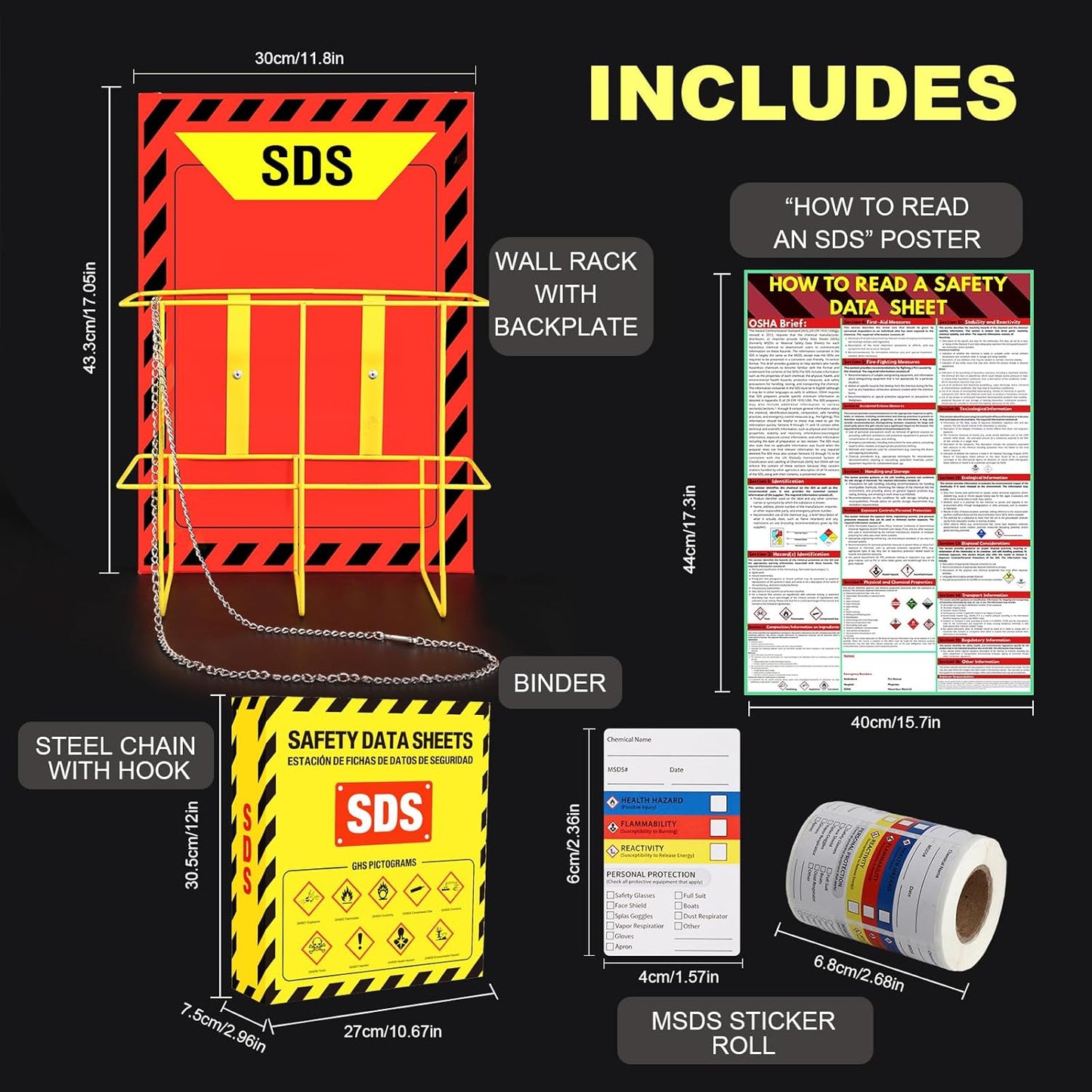 MSDS SDS Binder and Wall Station,Yellow Heavy Duty 3 Inch Material Safety Data Sheet 3 Ring Binder with SDS Wire Rack and Display Sign,Chain,Mounting Hardware,Safety Posters and MSDS Labels