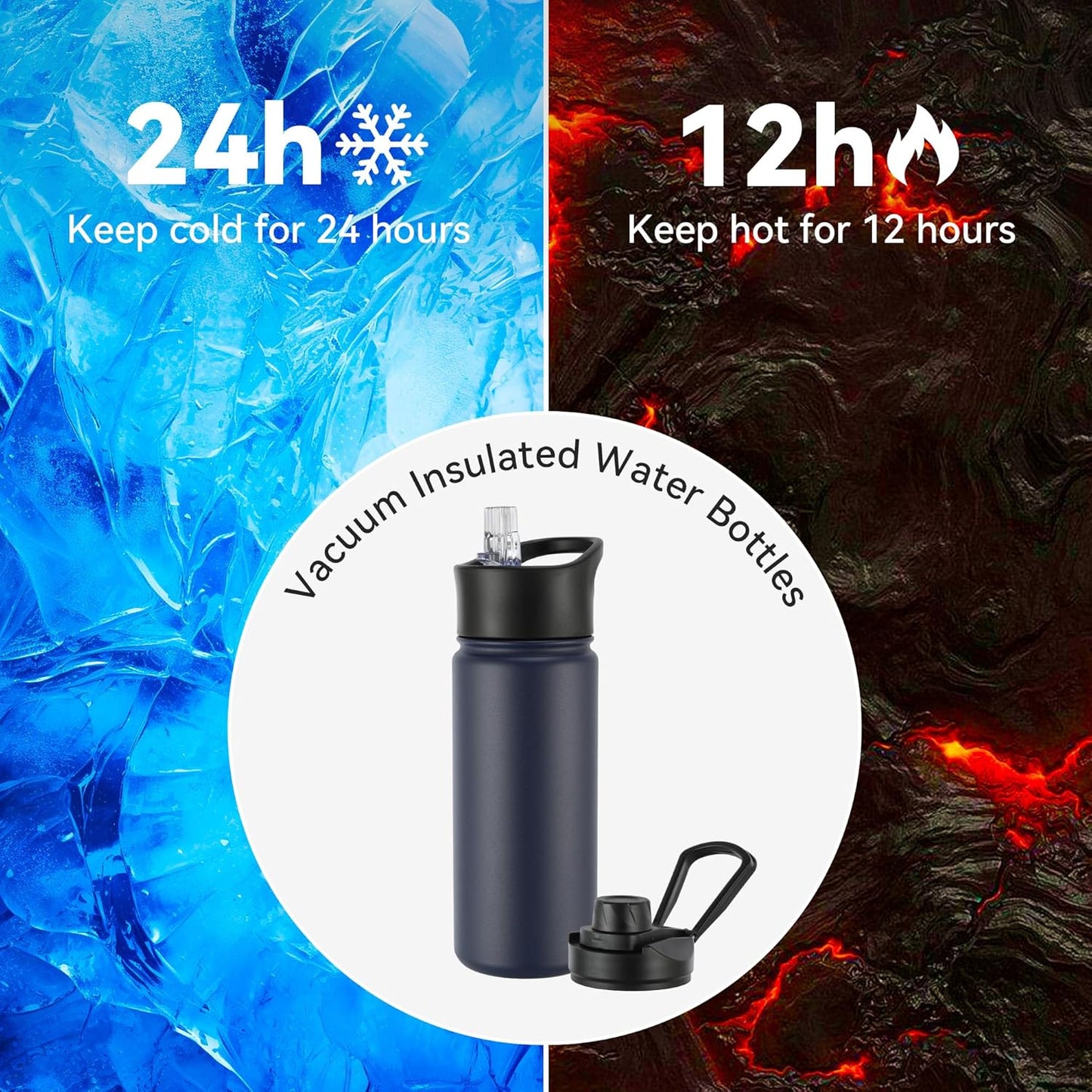 16 oz Insulated Water Bottle with Straw Lids, Stainless Steel Kids Water Bottles for School, Double Wall Vacuum Metal Water Bottle with Straw & Wide Mouth Lid, Navy 8 Pack