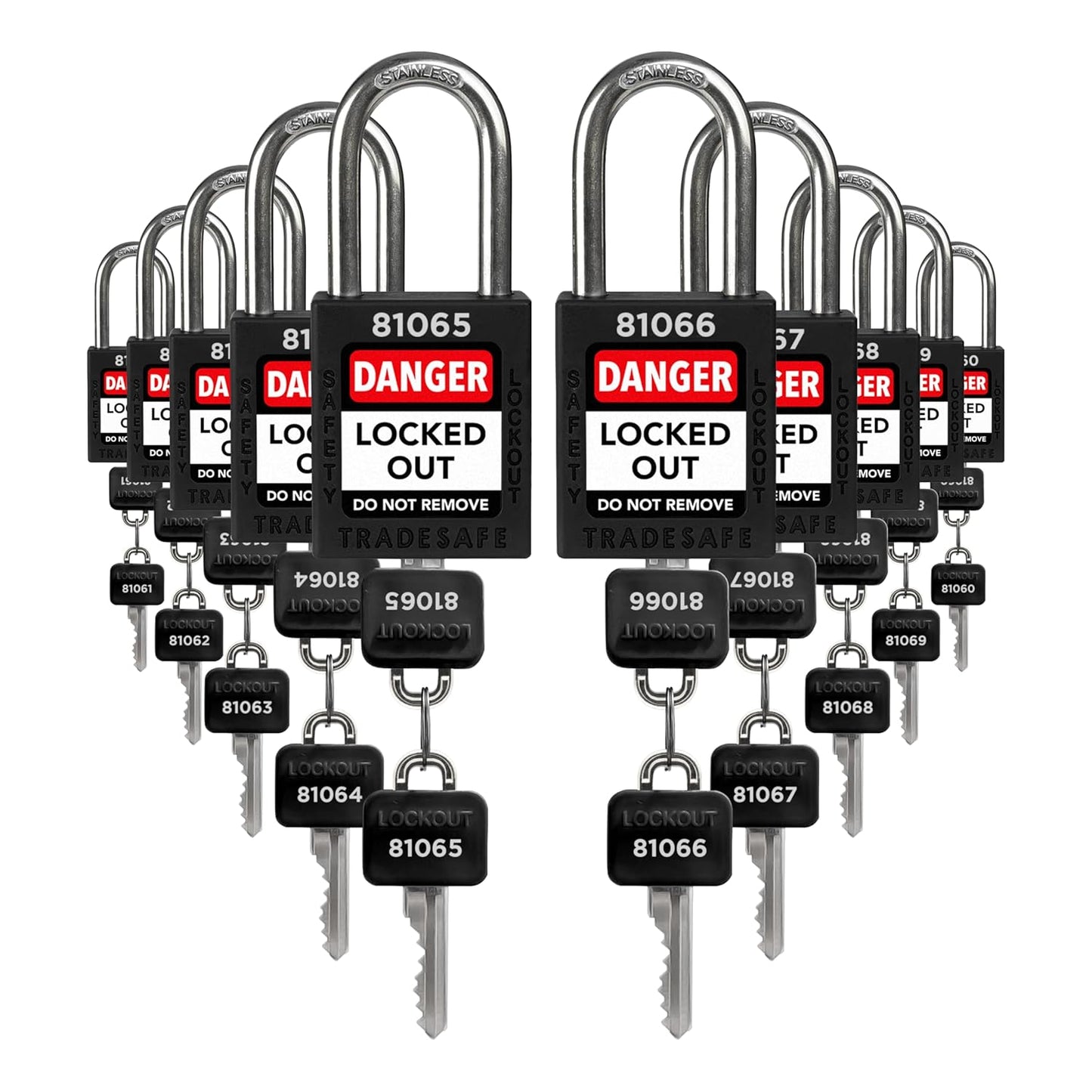 TRADESAFE Lockout Tagout Locks Set - 10 Black Lockout Locks Keyed Different, 2 Keys Per Loto Lock, OSHA Compliant Lock Out Tag Out Padlocks, Safety Padlocks for Electrical Lockout Tag Out Kits