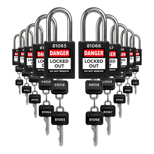 TRADESAFE Lockout Tagout Locks Set - 10 Black Lockout Locks Keyed Different, 2 Keys Per Loto Lock, OSHA Compliant Lock Out Tag Out Padlocks, Safety Padlocks for Electrical Lockout Tag Out Kits